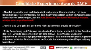 Die Candidate Experience Awards DACH wären
nicht möglich ohne diese Unterstützer:
Candidate Experience Awards DACH
„Absolut miserable und praktisch nicht vorhandene Kommunikation mit dem
Bewerber Das Telefoninterview mit dem Fachvorgesetzten verlief, im Gegensatz zu
allen anderen Erfahrungen, positiv. Alle Bereiche, die durch HR betreut wurden,
wirkten sehr unprofessionell“
„Familie und Job geht bei der Firma nicht zusammen, traurig aber wahr.“
„Trotz Bewerbung und Foto von mir, die die Firma hatte, wurde ich in der Email mi
der Herr - Anrede bezeichnet (ich bin eine FRAU) - kein Wasser wurde mir
angeboten im Vorstellungsgespräch angeboten - Saß in einem Besprechungsraum
auf einem erhöhten Drehstuhl über ne Stunde, hat meine negative Körperhaltung
beeinflusst“
 