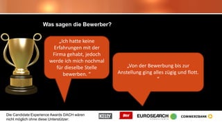 Die Candidate Experience Awards DACH wären
nicht möglich ohne diese Unterstützer:
Was sagen die Bewerber?
„Ich hatte keine
Erfahrungen mit der
Firma gehabt, jedoch
werde ich mich nochmal
für dieselbe Stelle
bewerben. “
„Von der Bewerbung bis zur
Anstellung ging alles zügig und flott.
“
 