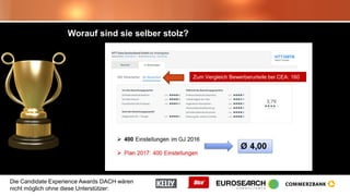 Die Candidate Experience Awards DACH wären
nicht möglich ohne diese Unterstützer:
Worauf sind sie selber stolz?
Zum Vergleich Bewerberurteile bei CEA: 160
 