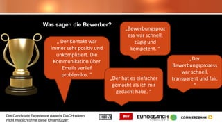 Die Candidate Experience Awards DACH wären
nicht möglich ohne diese Unterstützer:
Was sagen die Bewerber?
„ Der Kontakt war
immer sehr positiv und
unkompliziert. Die
Kommunikation über
Emails verlief
problemlos. “
„Bewerbungsproz
ess war schnell,
zügig und
kompetent. “
„Der hat es einfacher
gemacht als ich mir
gedacht habe. “
„Der
Bewerbungsprozess
war schnell,
transparent und fair.
“
 