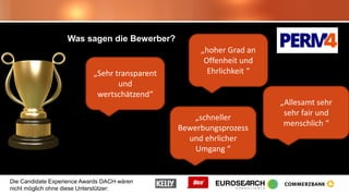 Die Candidate Experience Awards DACH wären
nicht möglich ohne diese Unterstützer:
Was sagen die Bewerber?
„Sehr transparent
und
wertschätzend“
„hoher Grad an
Offenheit und
Ehrlichkeit “
„schneller
Bewerbungsprozess
und ehrlicher
Umgang “
„Allesamt sehr
sehr fair und
menschlich “
 