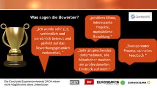 Die Candidate Experience Awards DACH wären
nicht möglich ohne diese Unterstützer:
Was sagen die Bewerber?
„Ich wurde sehr gut,
verbindlich und
persönlich betreut und
perfekt auf das
Bewerbungsgespräch
vorbereitet. “
„positives Klima,
interessante
Projekte,
markübliche
Bezahlung “
„Sehr ansprechendes
Unternehmen, alle
Mitarbeiter machen
ein professionellen
Eindruck auf mich “
„Transparenter
Prozess, schnelles
Feedback “
 
