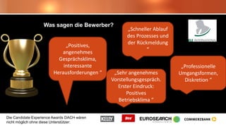 Die Candidate Experience Awards DACH wären
nicht möglich ohne diese Unterstützer:
Was sagen die Bewerber?
„Positives,
angenehmes
Gesprächsklima,
interessante
Herausforderungen “
„Schneller Ablauf
des Prozesses und
der Rückmeldung
“
„Sehr angenehmes
Vorstellungsgespräch.
Erster Eindruck:
Positives
Betriebsklima “
„Professionelle
Umgangsformen,
Diskretion “
 
