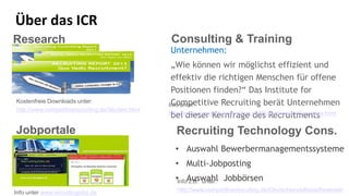Über das ICR
Research Consulting & Training
Unternehmen:
„Wie können wir möglichst effizient und
effektiv die richtigen Menschen für offene
Positionen finden?“ Das Institute for
Competitive Recruiting berät Unternehmen
bei dieser Kernfrage des Recruitments
Jobportale Recruiting Technology Cons.
Info unter:
http://www.competitiverecruiting.de/WorkshopsundSeminare.html
Kostenfreie Downloads unter:
http://www.competitiverecruiting.de/Studien.html
Info unter www.recruitingjobs.de
• Auswahl Bewerbermanagementssysteme
• Multi-Jobposting
• Auswahl JobbörsenInfo z.B. unter:
http://www.competitiverecruiting.de/DeutschlandsBesteBewerber
 