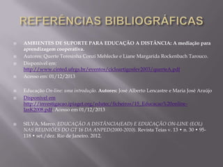 











AMBIENTES DE SUPORTE PARA EDUCAÇÃO A DISTÂNCIA: A mediação para
aprendizagem cooperativa.
Autores: Querte Teresinha Conzi Mehlecke e Liane Margarida Rockenbach Tarouco.
Disponível em:
http://www.cinted.ufrgs.br/eventos/cicloartigosfev2003/querteA.pdf
Acesso em: 01/12/2013
Educação On-line: uma introdução. Autores: José Alberto Lencastre e Maria José Araújo
Disponível em
http://investigacao.ipiaget.org/edutec/ficheiros/15_Educacao%20onlineIasK2008.pdf. Acesso em 01/12/2013
SILVA, Marco. EDUCAÇÃO A DISTÂNCIA(EAD) E EDUCAÇÃO ON-LINE (EOL)
NAS REUNIÕES DO GT 16 DA ANPED(2000-2010). Revista Teias v. 13 • n. 30 • 95118 • set./dez. Rio de Janeiro. 2012.

 