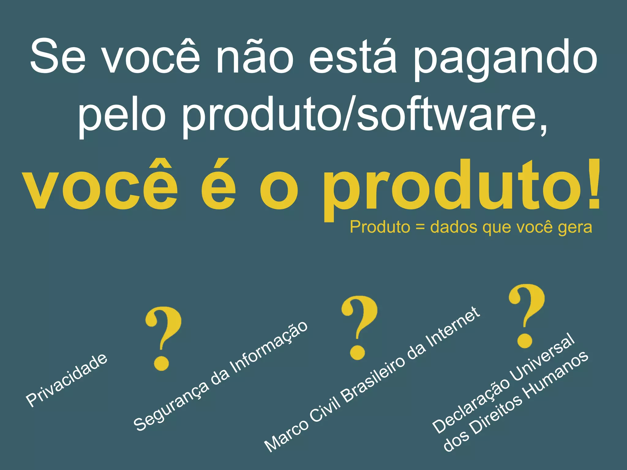 Se você não está pagando
pelo produto/software,
você é o produto!Produto = dados que você gera
 