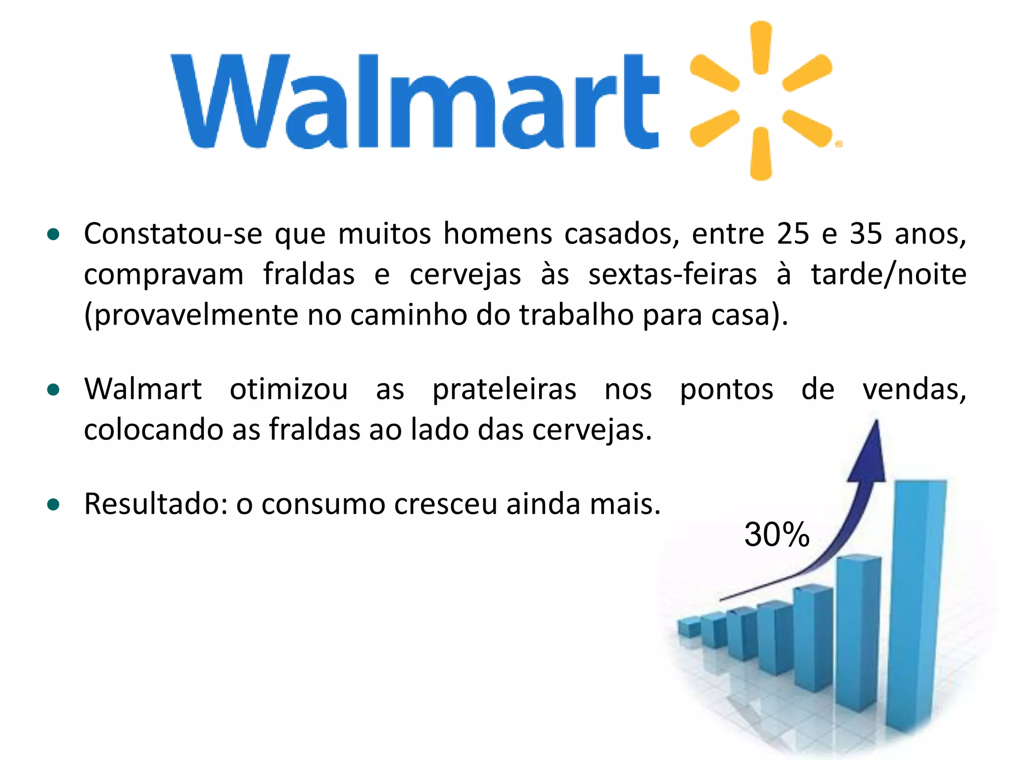 • Constatou-se que muitos homens casados, entre 25 e 35 anos,
compravam fraldas e cervejas às sextas-feiras à tarde/noite
(provavelmente no caminho do trabalho para casa).
• Walmart otimizou as prateleiras nos pontos de vendas,
colocando as fraldas ao lado das cervejas.
• Resultado: o consumo cresceu ainda mais.
30%
 