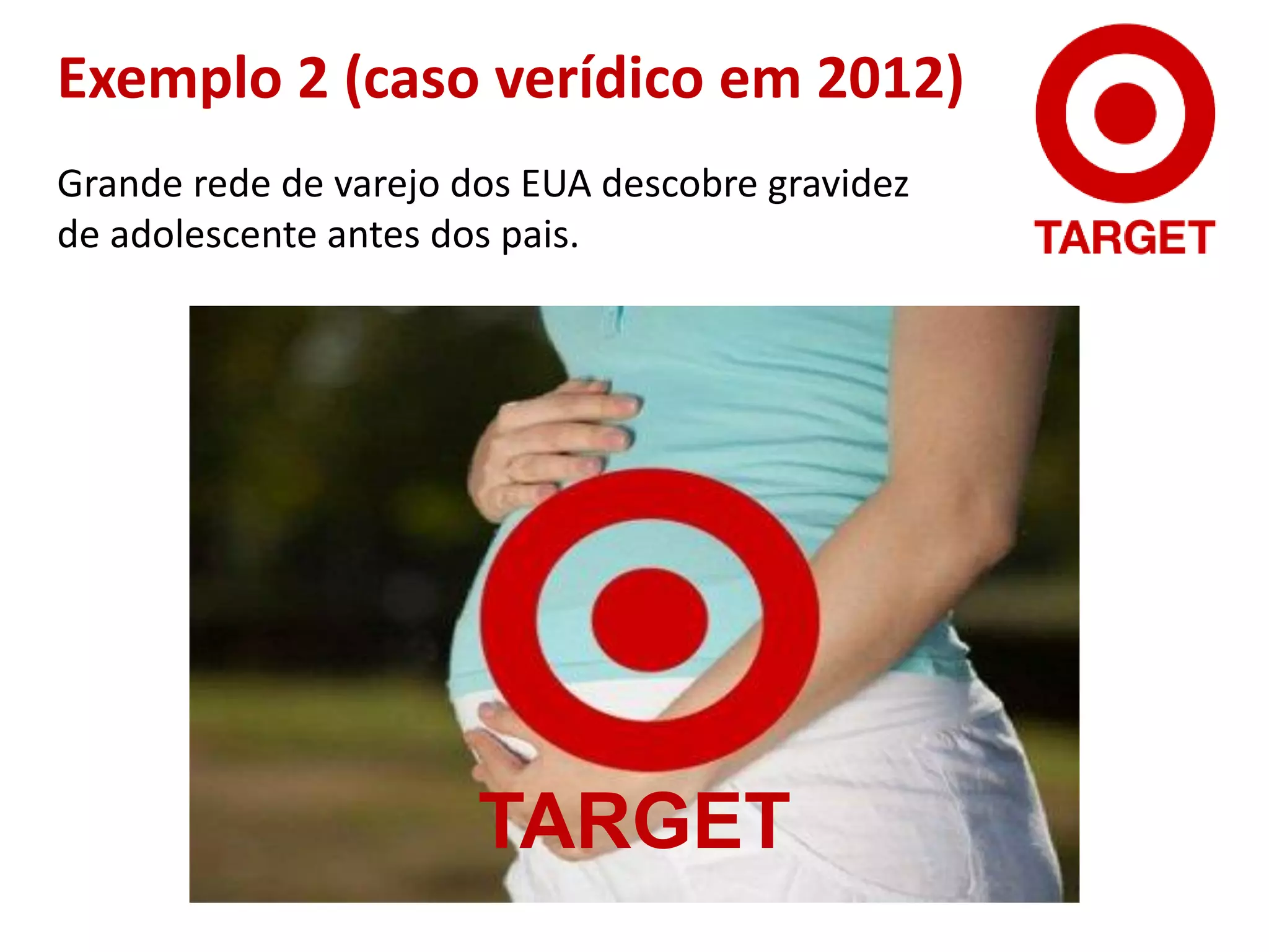 Exemplo 2 (caso verídico em 2012)
Grande rede de varejo dos EUA descobre gravidez
de adolescente antes dos pais.
TARGET
 