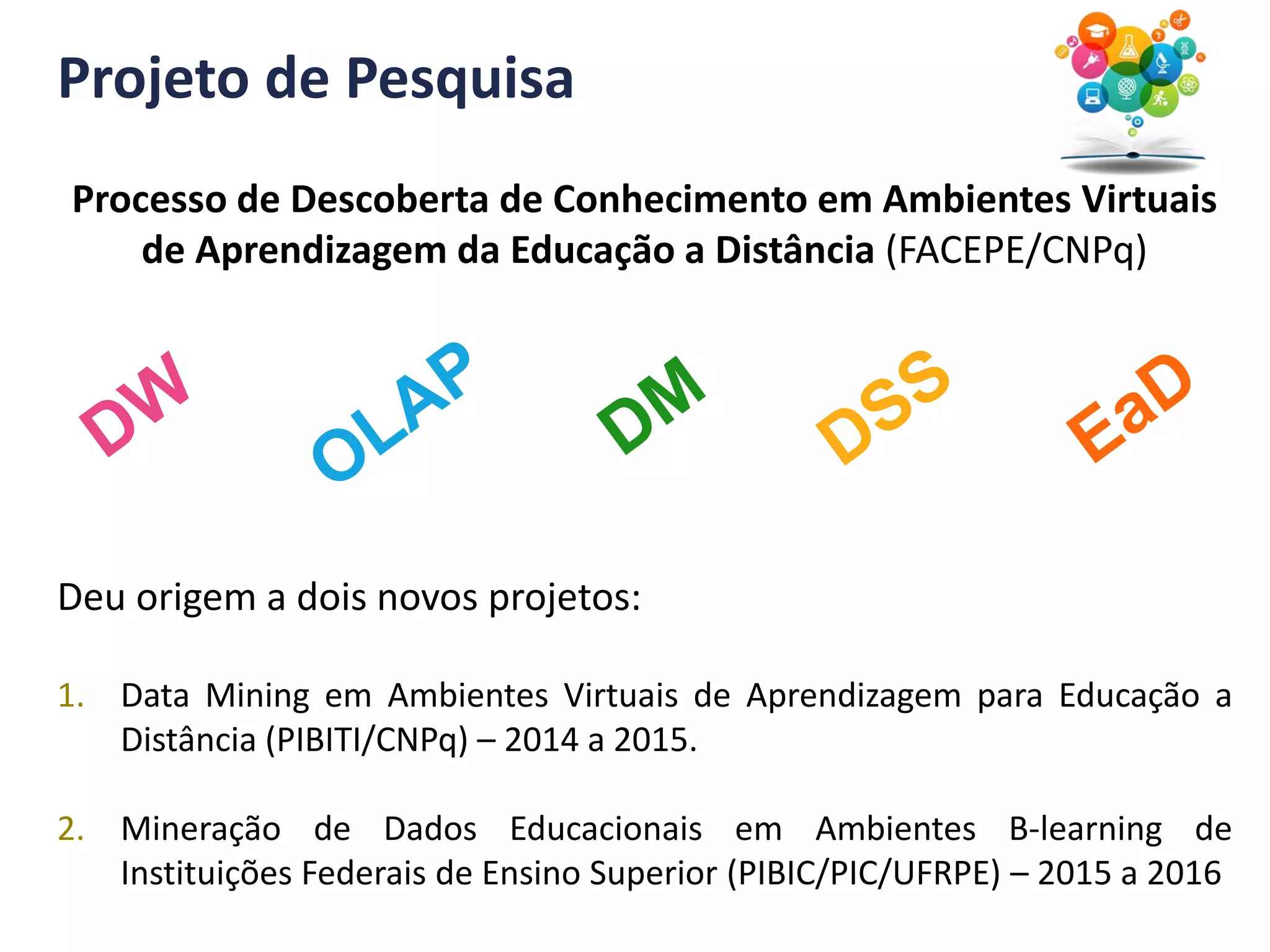 Projeto de Pesquisa
Processo de Descoberta de Conhecimento em Ambientes Virtuais
de Aprendizagem da Educação a Distância (FACEPE/CNPq)
Deu origem a dois novos projetos:
1. Data Mining em Ambientes Virtuais de Aprendizagem para Educação a
Distância (PIBITI/CNPq) – 2014 a 2015.
2. Mineração de Dados Educacionais em Ambientes B-learning de
Instituições Federais de Ensino Superior (PIBIC/PIC/UFRPE) – 2015 a 2016
 