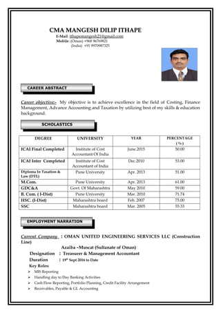 CMA MANGESH DILIP ITHAPECMA MANGESH DILIP ITHAPE
E-Mail: ithapemangesh21@gmail.com
Mobile: (Oman) +968 96769821
(India) +91 9970987325
Career objective:- My objective is to achieve excellence in the field of Costing, Finance
Management, Advance Accounting and Taxation by utilizing best of my skills & education
background.
DEGREE UNIVERSITY YEAR PERCENTAGE
( % )
ICAI Final Completed Institute of Cost
Accountant Of India
June.2015 50.00
ICAI Inter Completed Institute of Cost
Accountant of India
Dec.2010 53.00
Diploma In Taxation &
Law (DTL)
Pune University Apr. 2013 51.00
M.Com. Pune University Apr. 2013 61.00
GDC&A Govt. Of Maharashtra May 2010 59.00
B. Com. ( I-Dist) Pune University Mar. 2010 71.74
HSC. (I-Dist) Maharashtra board Feb. 2007 75.00
SSC Maharashtra board Mar. 2005 55.33
Current Company : OMAN UNITED ENGINEERING SERVICES LLC (Construction
Line)
Azaiba –Muscat (Sultanate of Oman)
Designation : Treasurer & Management Accountant
Duration : 19th
Sept 2016 to Date
Key Roles:
 MIS Reporting
 Handling day to Day Banking Activities
 Cash Flow Reporting, Portfolio Planning, Credit Facility Arrangement
 Receivables, Payable & GL Accounting
CAREER ABSTRACT
CAREER ABSTRACT
EMPLOYMENT NARRATION
EMPLOYMENT NARRATION
SCHOLASTICS
SCHOLASTICS
 