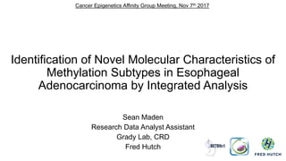 Identification of Novel Molecular Characteristics of
Methylation Subtypes in Esophageal
Adenocarcinoma by Integrated Analysis
Sean Maden
Research Data Analyst Assistant
Grady Lab, CRD
Fred Hutch
Cancer Epigenetics Affinity Group Meeting, Nov 7th 2017
 