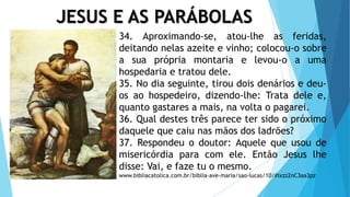 JESUS E AS PARÁBOLAS
34. Aproximando-se, atou-lhe as feridas,
deitando nelas azeite e vinho; colocou-o sobre
a sua própria montaria e levou-o a uma
hospedaria e tratou dele.
35. No dia seguinte, tirou dois denários e deu-
os ao hospedeiro, dizendo-lhe: Trata dele e,
quanto gastares a mais, na volta o pagarei.
36. Qual destes três parece ter sido o próximo
daquele que caiu nas mãos dos ladrões?
37. Respondeu o doutor: Aquele que usou de
misericórdia para com ele. Então Jesus lhe
disse: Vai, e faze tu o mesmo.
www.bibliacatolica.com.br/biblia-ave-maria/sao-lucas/10/#ixzz2nC3aa3pz
 