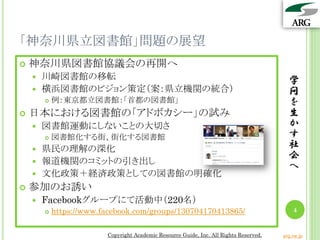 「神奈川県立図書館」問題の展望
   神奈川県図書館協議会の再開へ
     川崎図書館の移転                                                                            学
     横浜図書館のビジョン策定（案：県立機関の統合）                                                             問
           例：東京都立図書館：「首都の図書館」                                                            を
   日本における図書館の「アドボカシー」の試み                                                                 生
       図書館運動にしないことの大切さ                                                                   か
           図書館化する街、街化する図書館                                                               す
     県民の理解の深化                                                                            社
                                                                                          会
     報道機関のコミットの引き出し
                                                                                          へ
     文化政策＋経済政策としての図書館の明確化
   参加のお誘い
       Facebookグループにて活動中（220名）
           https://www.facebook.com/groups/130704170413865/                                4


                         Copyright Academic Resource Guide, Inc. All Rights Reserved.   arg.ne.jp
 