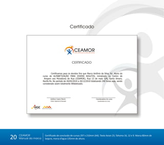 Certificado




                                                               CEAMOR
                                                                Centro de Amparo ao Morador de Rua




                                                              CERTIFICADO


                                Certificamos para os devidos fins que Marco Antônio da Silva, foi Aluno do
                       curso de ALFABETIZAÇÃO PARA JOVENS ADULTOS, ministrado no Centro de
                        Amparo aos Moradores de Rua (CEAMOR), Rua 13 de maio S/N, Santo Amaro,
                       Recife-Pe. No período de 20/05/2010 a 20/12/2010 totalizando 240 horas aula. sendo
                       considerado assim totalmente Alfabetizado.




                               Antônio Castro Morim                                                  Coordenadora do curso
                               Diretor Regional de Educação                                            Coordenadora do Curso




     CEAMOR
20   Manual da marca
                         Certificado de conclusão de cursos 297 x 210mm (A4). Texto Avian 23, Tahoma 16, 12 e 9. Marca 80mm de
                         largura, marca d’agua 135mm de altura.
 