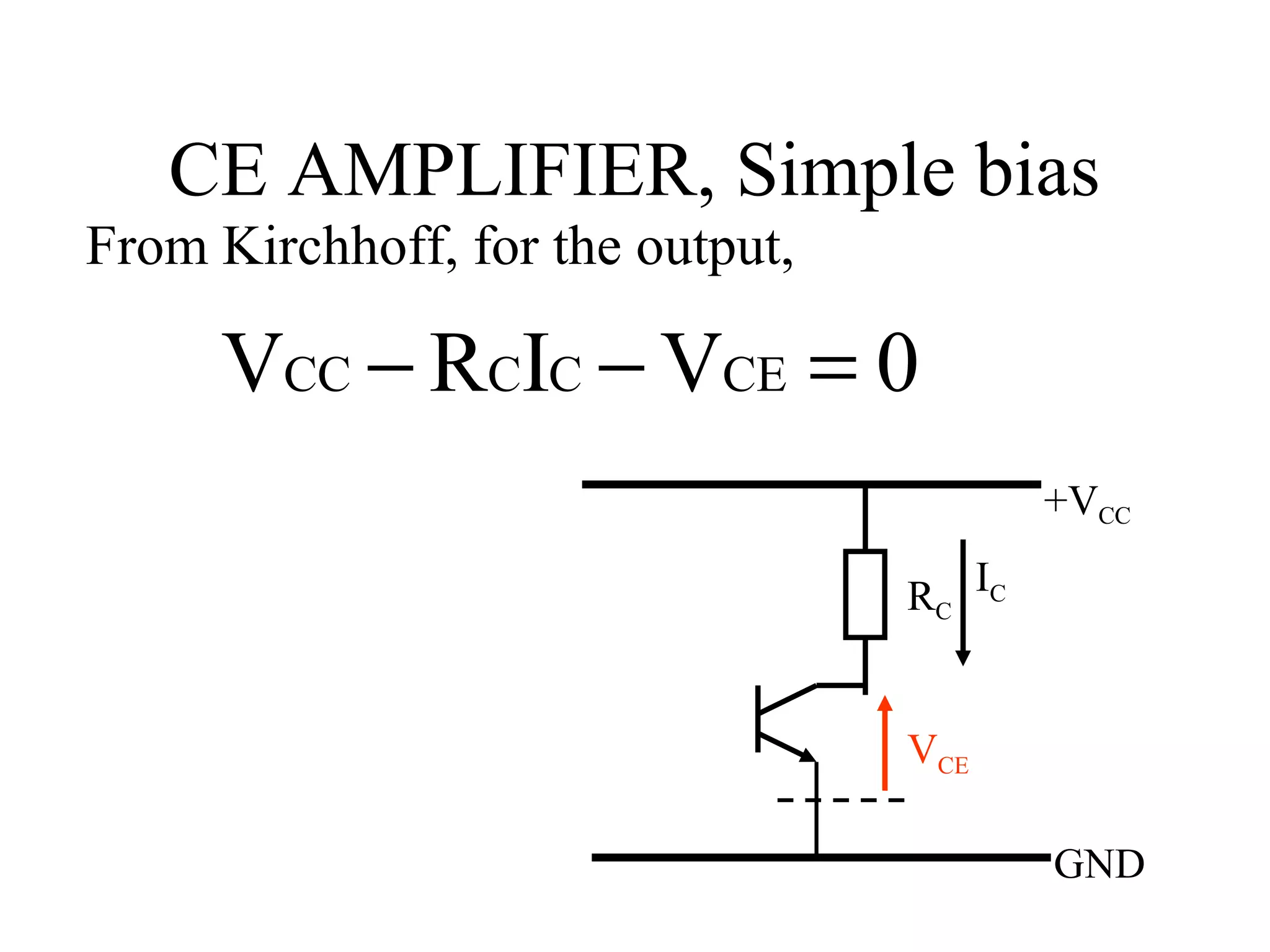 CE AMPLIFIER, Simple bias
From Kirchhoff, for the output,

     VCC − RCIC − VCE = 0
                                           +VCC

                                  RC I C


                                  VCE

                                           GND
 