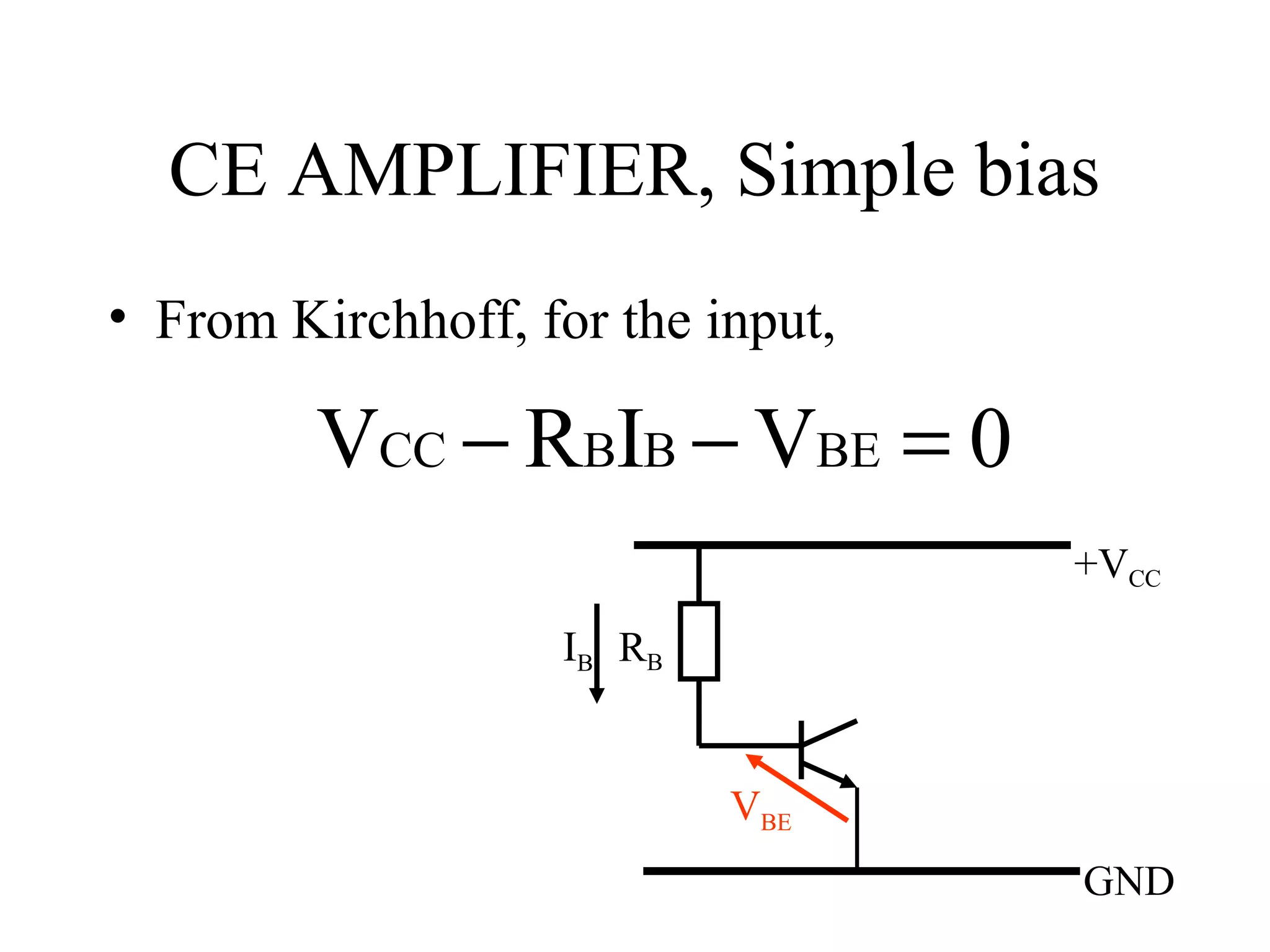 CE AMPLIFIER, Simple bias
• From Kirchhoff, for the input,

         VCC − RBIB − VBE = 0
                                   +VCC
                   IB RB


                           VBE
                                   GND
 