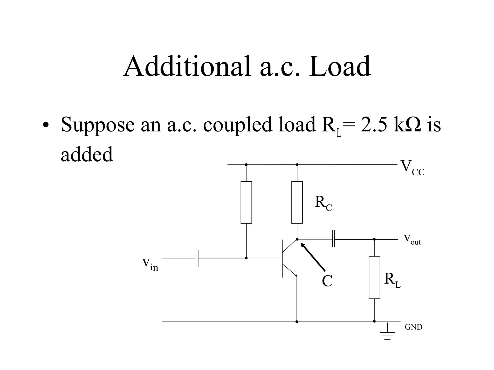 Additional a.c. Load
• Suppose an a.c. coupled load RL = 2.5 kΩ is
  added                                  V  CC


                              RC

                                           vout
           vin
                               C      RL

                                           GND
 