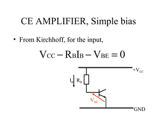 CE AMPLIFIER, Simple bias
• From Kirchhoff, for the input,

         VCC − RBIB − VBE = 0
                                   +VCC
                   IB RB


                           VBE
                                   GND
 