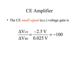 CE Amplifier
• The CE small signal (a.c.) voltage gain is


        ∆VCE - 2.5 V
            =        = −100
        ∆VBE 0.025 V
 