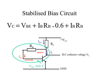 Stabilised Bias Circuit

VC = VBE + IB RB ≈ 0.6 + IB RB
                             +VCC
                 IRC
                        RC
            RB
                        IC
                             D.C collector voltage VC
    IB

           VBE =0.6 V
                             GND
 