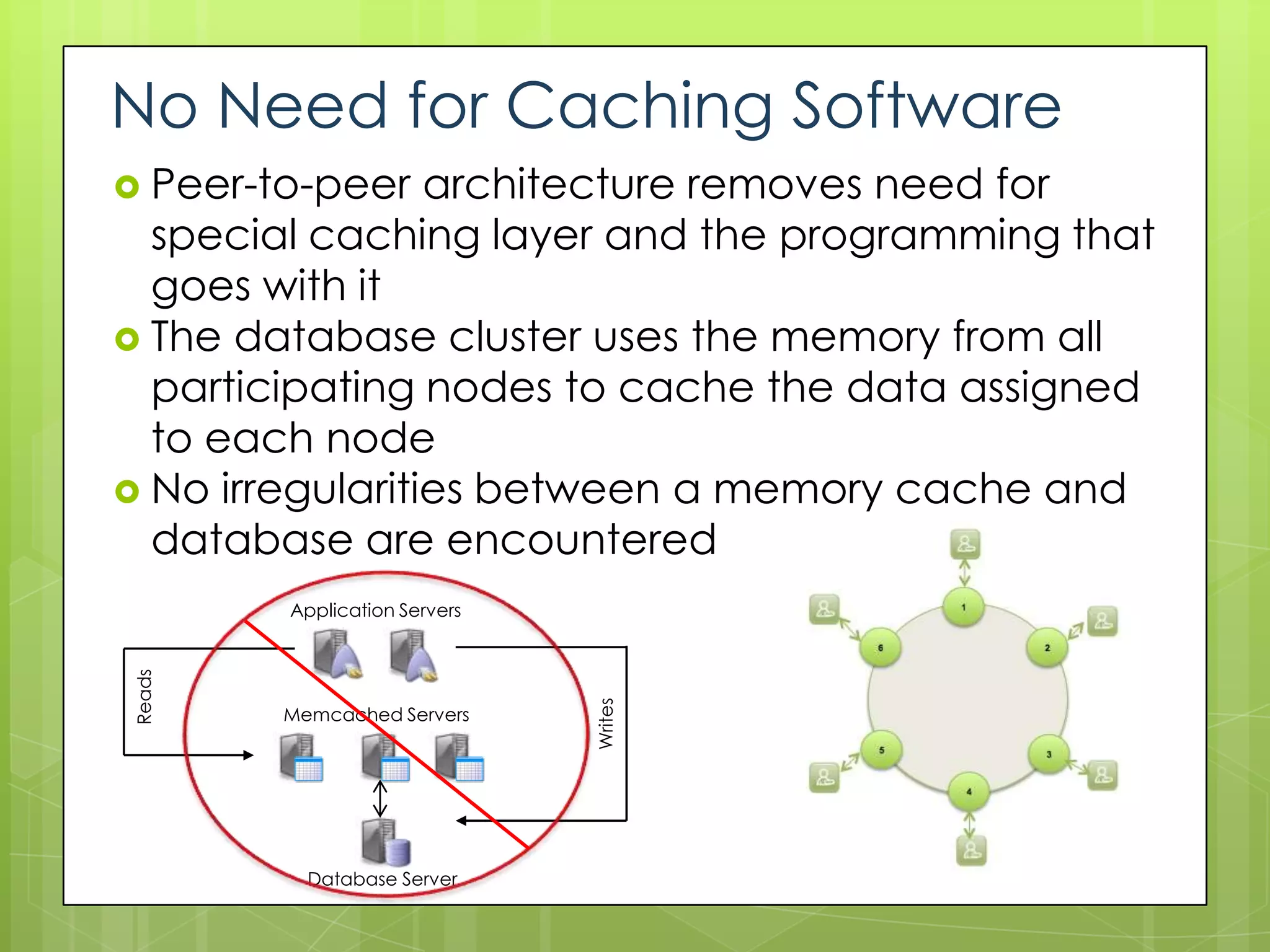 No Need for Caching Software
 Peer-to-peer   architecture removes need for
  special caching layer and the programming that
  goes with it
 The database cluster uses the memory from all
  participating nodes to cache the data assigned
  to each node
 No irregularities between a memory cache and
  database are encountered
        Application Servers
Reads




                              Writes




        Memcached Servers




          Database Server
 