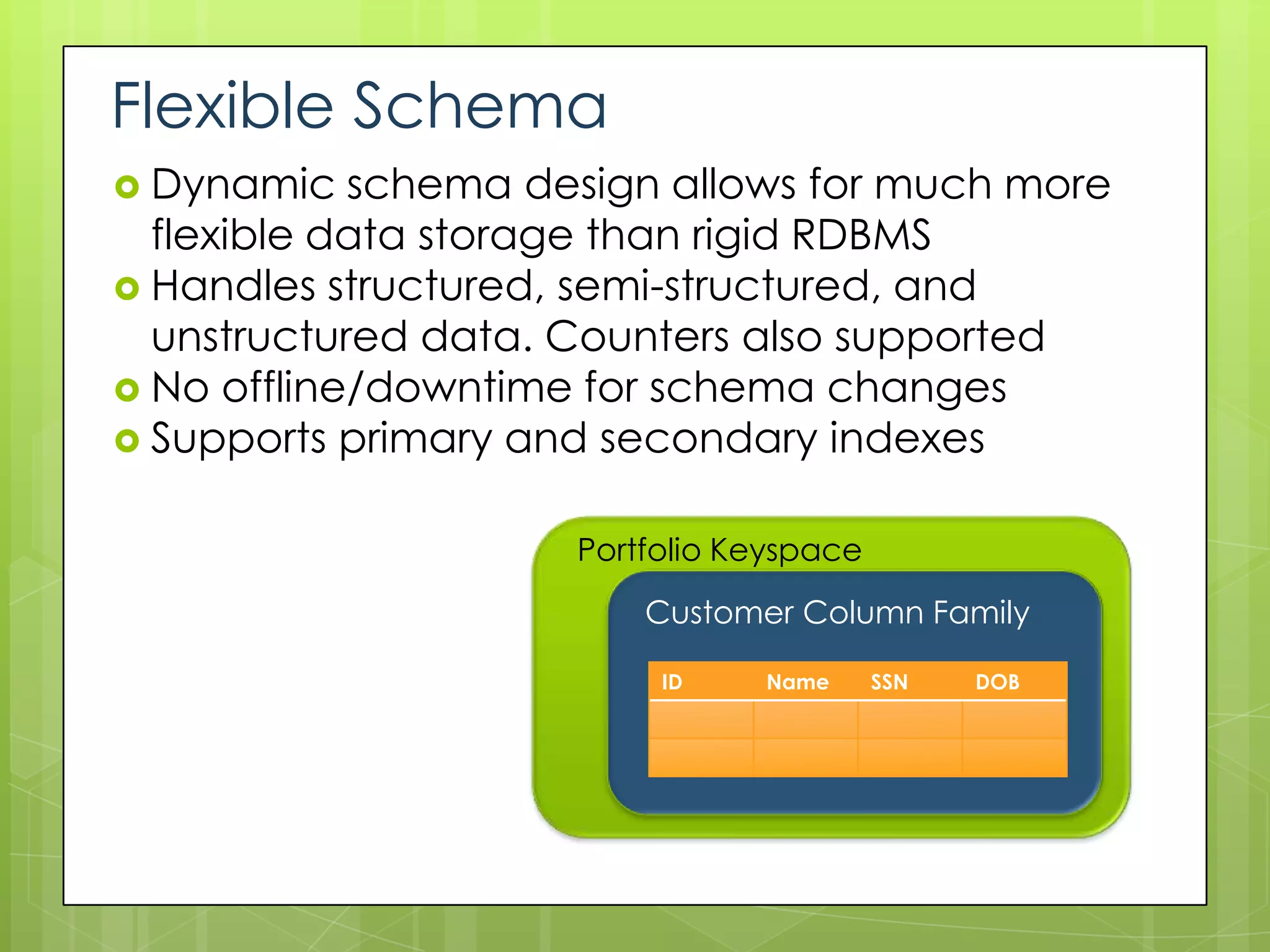 Flexible Schema
 Dynamic   schema design allows for much more
  flexible data storage than rigid RDBMS
 Handles structured, semi-structured, and
  unstructured data. Counters also supported
 No offline/downtime for schema changes
 Supports primary and secondary indexes


                     Portfolio Keyspace
                         Customer Column Family

                          ID    Name      SSN   DOB
 