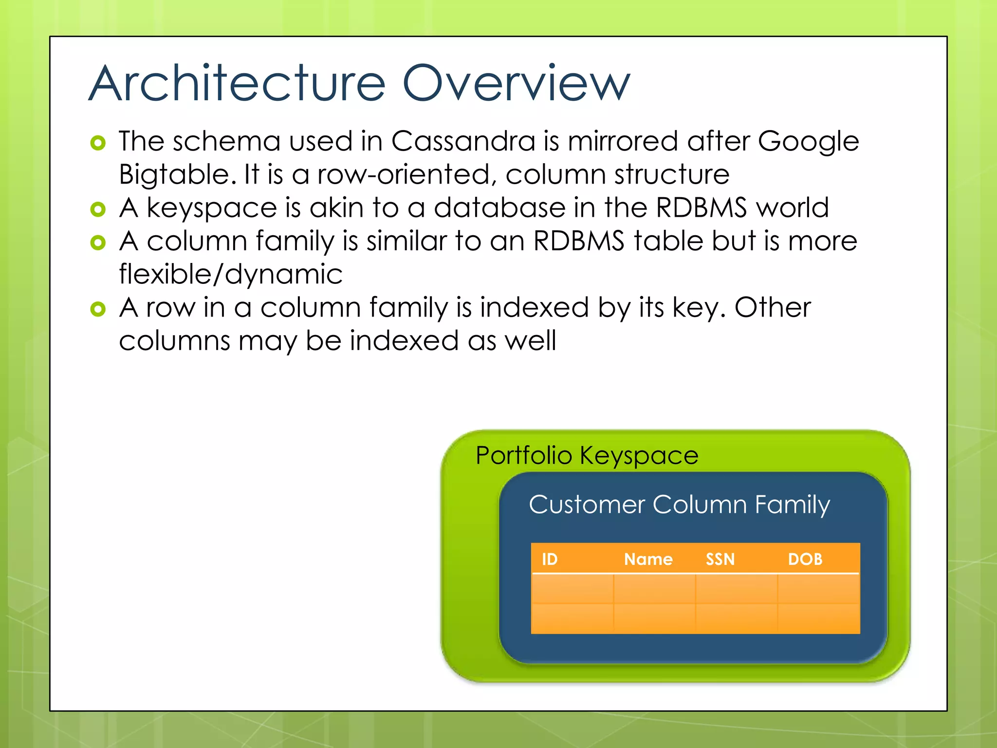 Architecture Overview
   The schema used in Cassandra is mirrored after Google
    Bigtable. It is a row-oriented, column structure
   A keyspace is akin to a database in the RDBMS world
   A column family is similar to an RDBMS table but is more
    flexible/dynamic
   A row in a column family is indexed by its key. Other
    columns may be indexed as well



                              Portfolio Keyspace
                                  Customer Column Family

                                   ID     Name     SSN   DOB
 