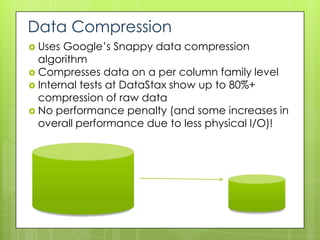 Data Compression
 Uses Google’s Snappy data compression
  algorithm
 Compresses data on a per column family level
 Internal tests at DataStax show up to 80%+
  compression of raw data
 No performance penalty (and some increases in
  overall performance due to less physical I/O)!
 