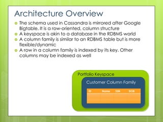 Architecture Overview
   The schema used in Cassandra is mirrored after Google
    Bigtable. It is a row-oriented, column structure
   A keyspace is akin to a database in the RDBMS world
   A column family is similar to an RDBMS table but is more
    flexible/dynamic
   A row in a column family is indexed by its key. Other
    columns may be indexed as well



                              Portfolio Keyspace
                                  Customer Column Family

                                   ID     Name     SSN   DOB
 