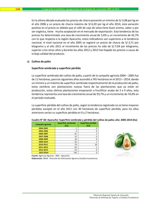 Dirección Regional Agraria de Ayacucho
Dirección de Información Agraria y Estudios Económicos
118 Compendio Estadístico Agropecuario de la Región de Ayacucho 2005 al 2014
En la última década evaluada los precios de chacra presentó un mínimo de S/.3,98 por kg en
el año 2006 y un precio de chacra máximo de S/.6,20 por kg el año 2014, esta variación
positiva en el precio es debida que el café de ceja de selva tiene buen aroma, sabor y por
ser orgánica, tiene mucha aceptación en el mercado de exportación. Esta tendencia de los
precios ha determinado una tasa de crecimiento anual de 3,6% y un incremento de 42,7%
con lo que respecta a la región Ayacucho, estos indicadores son superiores a la tendencia
nacional. A nivel nacional en el año 2005 se registró un precio de chacra de S/.3,71 por
kilogramo y el año 2011 el incremento de los precios ha sido de S/.7,04 por kilogramo,
superior a los otros años y durante los años 2012 y 2013 han bajado los precios a causa de
la baja calidad del producto.
c) Cultivo de palto
Superficie sembrada y superficie pérdida
La superficie sembrada del cultivo de palto, a partir de la campaña agrícola 2004 – 2005 fue
de 11 hectáreas, para los siguientes años ascendió a 745 hectáreas en el 2013 – 2014, dando
un mínimo y un máximo de superficie sembrada respectivamente de la producción de palto,
estas siembras son plantaciones nuevas fuera de las plantaciones que ya están en
producción, estas últimas plantaciones empezarán a fructificar acabo de 3 a 4 años, esta
tendencia representa una tasa de crecimiento anual de 93,7% y un incremento de 74,4% en
el periodo evaluado.
La superficie pérdida del cultivo de palto, según la tendencia registrada no se tiene mayores
pérdidas excepto en el año 2011 con 30 hectáreas de superficie pérdida, para los años
anteriores varían su superficie pérdida en 0 y 2 hectáreas.
Cuadro N° 60: Ayacucho: Superficie sembrada y pérdida del cultivo de palto; año: 2005-2014 (ha)
Fuente: Agencias Agrarias - DRA – Ayacucho.
Elaboración: DRAA - Dirección de Información Agraria y Estudios Económicos.
Campaña agrícola
Superficie sembrada
(ha)
Superficie pérdida
(ha)
2004-2005 1 0
2005-2006 3 0
2006-2007 41 2
2007-2008 32 0
2008-2009 16 0
2009-2010 65 1
2010-2011 70 30
2011-2012 65 1
2012-2013 42 0
2013-2014 745 0
 