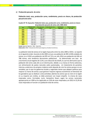 Dirección Regional Agraria de Ayacucho
Dirección de Información Agraria y Estudios Económicos
148 Compendio Estadístico Agropecuario de la Región de Ayacucho 2005 al 2014
c) Producción pecuaria de ovino
Población total, saca, producción carne, rendimiento, precio en chacra, de producción
pecuaria de ovino
Cuadro N° 74: Ayacucho: Población total, saca, producción carne, rendimiento, precio en chacra
de producción pecuaria de ovino; año: 2005-2014
Fuente: Agencias Agrarias - DRA – Ayacucho.
Elaboración: DRAA - Dirección de Información Agraria y Estudios Económicos.
La población total de ovinos en la región Ayacucho entre los años 2005 al 2014, se reportó
en el siguiente orden: durante el año 2005 se tuvo una población de 905 mil 80 unidades de
ovinos, en el 2010 una población de 870 mil 713 y en año 2014 una población de 636 mil
788 ovinos, esta tendencia decreciente poblacional ha determinado una tasa de
crecimiento anual negativo de 3,5% y una reducción de 29,6%, lo cual nos demuestra que la
población del ovino cada año va en disminución, debido a su crianza en forma extensiva,
con alimentación de pastos naturales sobre pastoreadas, sin tratamiento de parásitos
internos y externos y los propios criadores están dejando de criar los ovinos porque no son
rentables, por lo que los gobiernos locales y regionales tienen que adoptar políticas para
mejorar la crianza de ovinos y que generen mayores ingresos económicos en bienestar de
los ganaderos que se dedican a esta actividad, además los ovinos que se crían en la región
en su mayoría son criollos, se debe promover con mayor empeño la crianza de razas
mejoradas como: Corriedale, Junín, Hampshire Down; según los censos nacionales
agropecuarios en 1994 se ha registrado un 2,6% de razas mejoradas y en 2012 el 15,3% de
razas mejoradas en función a la población total de ovinos.
Año
Población total
(unidad)
Ovino para saca
(unidad)
Producción de carne
(t)
Rendimiento
(kg/unid,)
Precio en chacra
(S/. x kg)
2005 905 080 188 080 2 045 10,9 3,30
2006 820 966 173 675 1 936 11,1 3,33
2007 846 254 177 252 2 001 11,3 3,33
2008 849 515 180 217 2 054 11,4 3,33
2009 839 240 192 488 2 024 10,5 3,86
2010 870 713 196 061 2 134 10,9 4,18
2011 936 531 206 026 2 406 11,7 4,30
2012 967 114 216 858 2 508 11,6 4,65
2013 643 744 214 500 2 290 10,7 4,68
2014 636 788 165 866 1 830 11,0 4,67
 