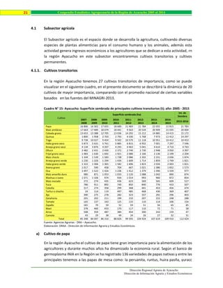 Dirección Regional Agraria de Ayacucho
Dirección de Información Agraria y Estudios Económicos
21 Compendio Estadístico Agropecuario de la Región de Ayacucho 2005 al 2014
4.1 Subsector agrícola
El Subsector agrícola es el espacio donde se desarrolla la agricultura, cultivando diversas
especies de plantas alimenticias para el consumo humano y los animales, además esta
actividad genera ingresos económicos a los agricultores que se dedican a esta actividad, rn
la región Ayacucho en este subsector encontraremos cultivos transitorios y cultivos
permanentes.
4.1.1. Cultivos transitorios
En la región Ayacucho tenemos 27 cultivos transitorios de importancia, como se puede
visualizar en el siguiente cuadro, en el presente documento se describirá la dinámica de 20
cultivos de mayor importancia, comparando con el promedio nacional de ciertas variables
basados en las fuentes del MINAGRI-2013.
Cuadro N° 15: Ayacucho: Superficie sembrada de principales cultivos transitorios (t); año: 2005 - 2015
Cultivo
Superficie sembrada (ha)
Int. de
Siembra
2007-
2008
2008-
2009
2009-
2010
2010-
2011
2011-
2012
2012-
2013
2013-
2014
2014-
2015
2015-2016
Papa 16 806 16 302 17 655 18 689 21 483 21 784 22 055 21 815 21 783
Maíz amiláceo 17 663 17 489 18 079 18 441 9 563 20 534 20 909 21 035 20 004
Cebada grano 13 653 13 388 12 705 13 036 14 292 15 212 14 885 14 415 15 172
Quinua 1 800 1 958 2 703 2 793 4 330 5 768 7 973 11 412 14 297
Trigo 9 738 10 027 9 454 9 502 10 579 11 118 10 951 10 412 10 453
Haba grano seco 5 873 5 631 5 761 5 885 6 815 6 932 7 001 7 297 7 596
Arveja grano seco 4 134 3 876 4 207 4 293 4 463 5 041 4 610 4 710 4 743
Olluco 2 482 2 431 2 430 2 372 2 740 2 730 2 948 3 050 3 397
Frijol grano seco 1 483 1 630 1 692 1 921 2 080 2 166 2 136 2 199 2 204
Maíz choclo 1 334 1 539 1 583 1 738 2 086 2 202 2 231 2 036 1 874
Arveja grano verde 1 230 1 326 1 294 1 434 1 609 1 714 1 859 1 749 1 821
Haba grano verde 1 322 1 306 1 365 1 582 1 696 1 823 2 034 2 003 1 821
Avena grano 1 017 590 458 704 667 1 021 1 386 1 832 1 573
Oca 1 497 1 522 1 424 1 236 1 412 1 379 1 390 1 339 977
Maíz amarillo duro 980 871 1 053 1 033 1 120 1 088 1 042 890 874
Mashua o izano 1 071 1 106 974 934 1 014 993 960 872 854
Maiz morado 272 274 435 436 623 569 565 609 527
Yuca 786 911 892 740 850 840 776 433 507
Cebolla 317 274 358 299 368 401 453 456 474
Tarhui o chocho 24 114 119 497 485 468 430 369 407
Ajo 390 275 278 282 323 337 291 296 403
Zanahoria 201 202 211 199 210 207 222 248 288
Tomate 165 137 163 125 133 110 114 106 154
Zapallo 181 70 59 52 59 51 56 65 85
Maní 378 460 433 170 117 110 72 71 58
Arroz 508 359 487 384 454 300 243 159 47
Camote 43 29 38 49 24 26 27 32 31
Total 85 348 84 097 86 310 88 826 99 595 104 924 107 619 109 910 112 424
Fuente: Agencias Agrarias - DRA – Ayacucho.
Elaboración: DRAA - Dirección de Información Agraria y Estudios Económicos.
a) Cultivo de papa
En la región Ayacucho el cultivo de papa tiene gran importancia para la alimentación de los
agricultores y durante muchos años ha dinamizado la economía rural. Según el banco de
germoplasma INIA en la Región se ha registrado 136 variedades de papas nativas y entre las
principales tenemos a las papas de mesa como: la peruanita, runtus, huira pasña, yuracc
 