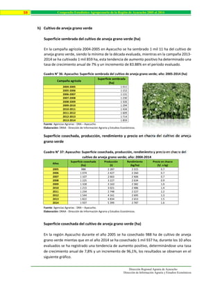Dirección Regional Agraria de Ayacucho
Dirección de Información Agraria y Estudios Económicos
59 Compendio Estadístico Agropecuario de la Región de Ayacucho 2005 al 2014
h) Cultivo de arveja grano verde
Superficie sembrada del cultivo de arveja grano verde (ha)
En la campaña agrícola 2004-2005 en Ayacucho se ha sembrado 1 mil 11 ha del cultivo de
arveja grano verde, siendo la mínima de la década evaluada, mientras en la campaña 2013-
2014 se ha cultivado 1 mil 859 ha, esta tendencia de aumento positivo ha determinado una
tasa de crecimiento anual de 7% y un incremento de 83.88% en el periodo evaluado.
Cuadro N° 36: Ayacucho: Superficie sembrada del cultivo de arveja grano verde; año: 2005-2014 (ha)
Campaña agrícola
Superficie sembrada
(ha)
2004-2005 1 011
2005-2006 1 152
2006-2007 1 131
2007-2008 1 230
2008-2009 1 326
2009-2010 1 294
2010-2011 1 434
2011-2012 1 609
2012-2013 1 714
2013-2014 1 859
Fuente: Agencias Agrarias - DRA – Ayacucho.
Elaboración: DRAA - Dirección de Información Agraria y Estudios Económicos.
Superficie cosechada, producción, rendimiento y precio en chacra del cultivo de arveja
grano verde
Cuadro N° 37: Ayacucho: Superficie cosechada, producción, rendimiento y precio en chacra del
cultivo de arveja grano verde; año: 2004-2014
Fuente: Agencias Agrarias - DRA – Ayacucho.
Elaboración: DRAA - Dirección de Información Agraria y Estudios Económicos.
Superficie cosechada del cultivo de arveja grano verde (ha)
En la región Ayacucho durante el año 2005 se ha cosechado 988 ha de cultivo de arveja
grano verde mientas que en el año 2014 se ha cosechado 1 mil 937 ha, durante los 10 años
evaluados se ha registrado una tendencia de aumento positivo, determinándose una tasa
de crecimiento anual de 7,8% y un incremento de 96,1%, los resultados se observan en el
siguiente gráfico.
Años
Superficie cosechada
(ha)
Producción
(t)
Rendimiento
(kg/ha)
Precio en chacra
(S/. x kg)
2005 988 2 287 2 315 0.7
2006 1 074 2 427 2 260 0.7
2007 1 107 2 663 2 406 0.7
2008 1 225 3 227 2 634 0.9
2009 1 328 3 163 2 382 1.0
2010 1 215 3 021 2 486 1.4
2011 1 234 2 748 2 227 1.2
2012 1 544 4 161 2 695 1.3
2013 1 822 4 834 2 653 1.5
2014 1 937 5 399 2 787 1.6
 