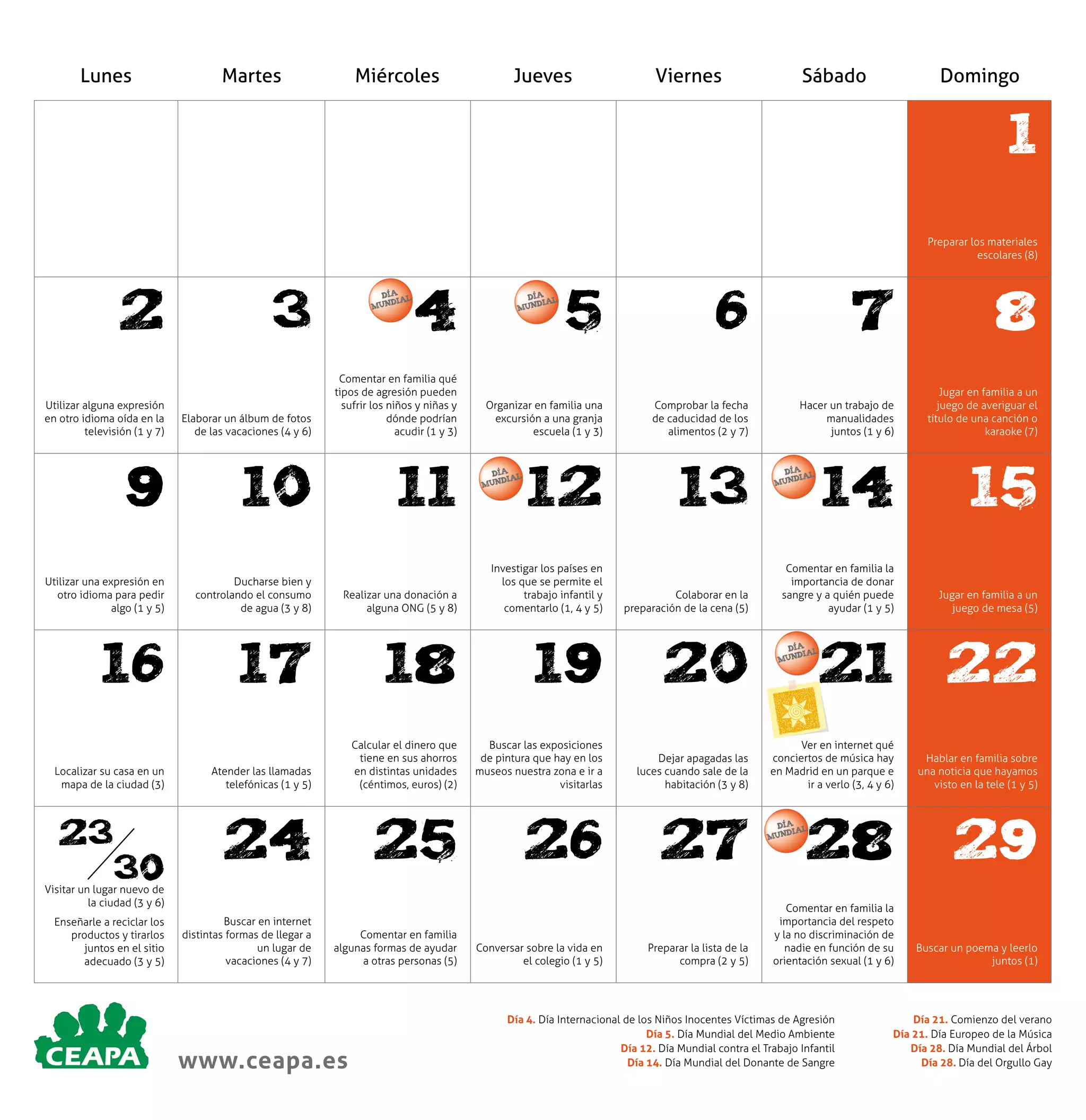 Lunes

Martes

Miércoles

Jueves

Viernes

Sábado

Domingo

1
Preparar los materiales
escolares (8)

2

3

DÍA L
DIA
MUN

4

Utilizar alguna expresión
en otro idioma oída en la
televisión (1 y 7)

Elaborar un álbum de fotos
de las vacaciones (4 y 6)

Comentar en familia qué
tipos de agresión pueden
sufrir los niños y niñas y
dónde podrían
acudir (1 y 3)

9

10

11

Utilizar una expresión en
otro idioma para pedir
algo (1 y 5)

Ducharse bien y
controlando el consumo
de agua (3 y 8)

16
Localizar su casa en un
mapa de la ciudad (3)

23

30

5

6

7

8

Organizar en familia una
excursión a una granja
escuela (1 y 3)

Comprobar la fecha
de caducidad de los
alimentos (2 y 7)

Hacer un trabajo de
manualidades
juntos (1 y 6)

Jugar en familia a un
juego de averiguar el
título de una canción o
karaoke (7)

12

13

14

15

Comentar en familia la
importancia de donar
sangre y a quién puede
ayudar (1 y 5)

Jugar en familia a un
juego de mesa (5)

21

22

Ver en internet qué
conciertos de música hay
en Madrid en un parque e
ir a verlo (3, 4 y 6)

Hablar en familia sobre
una noticia que hayamos
visto en la tele (1 y 5)

28

29

Comentar en familia la
importancia del respeto
y la no discriminación de
nadie en función de su
orientación sexual (1 y 6)

Buscar un poema y leerlo
juntos (1)

DÍA L
DIA
MUN

DÍA L
DIA
MUN

Realizar una donación a
alguna ONG (5 y 8)

Investigar los países en
los que se permite el
trabajo infantil y
comentarlo (1, 4 y 5)

Colaborar en la
preparación de la cena (5)

17

18

19

20

Atender las llamadas
telefónicas (1 y 5)

Calcular el dinero que
tiene en sus ahorros
en distintas unidades
(céntimos, euros) (2)

Buscar las exposiciones
de pintura que hay en los
museos nuestra zona e ir a
visitarlas

Dejar apagadas las
luces cuando sale de la
habitación (3 y 8)

24

25

26

27

Visitar un lugar nuevo de
la ciudad (3 y 6)
Enseñarle a reciclar los
productos y tirarlos
juntos en el sitio
adecuado (3 y 5)

Buscar en internet
distintas formas de llegar a
un lugar de
vacaciones (4 y 7)

Comentar en familia
algunas formas de ayudar
a otras personas (5)

www.ceapa.es

Conversar sobre la vida en
el colegio (1 y 5)

Preparar la lista de la
compra (2 y 5)

DÍA L
DIA
MUN

DÍA L
DIA
MUN

DÍA L
DIA
MUN

Día 4. Día Internacional de los Niños Inocentes Víctimas de Agresión
Día 5. Día Mundial del Medio Ambiente
Día 12. Día Mundial contra el Trabajo Infantil
Día 14. Día Mundial del Donante de Sangre

Día 21. Comienzo del verano
Día 21. Día Europeo de la Música
Día 28. Día Mundial del Árbol
Día 28. Día del Orgullo Gay

 