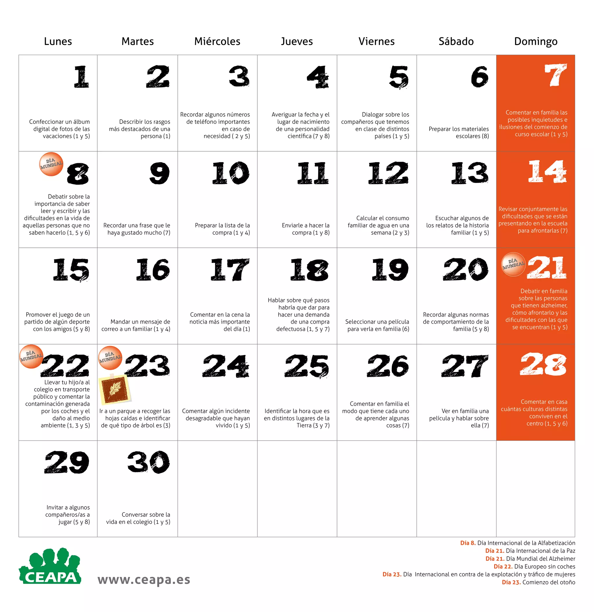 Lunes

Martes

1

Miércoles

Jueves

Viernes

7

Dialogar sobre los
compañeros que tenemos
en clase de distintos
países (1 y 5)

Preparar los materiales
escolares (8)

Comentar en familia las
posibles inquietudes e
ilusiones del comienzo de
curso escolar (1 y 5)

12

13

14
Revisar conjuntamente las
dificultades que se están
presentando en la escuela
para afrontarlas (7)

3

4

5

Confeccionar un álbum
digital de fotos de las
vacaciones (1 y 5)

Describir los rasgos
más destacados de una
persona (1)

Recordar algunos números
de teléfono importantes
en caso de
necesidad ( 2 y 5)

Averiguar la fecha y el
lugar de nacimiento
de una personalidad
científica (7 y 8)

8

9

10

11

Debatir sobre la
importancia de saber
leer y escribir y las
dificultades en la vida de
aquellas personas que no
saben hacerlo (1, 5 y 6)

Recordar una frase que le
haya gustado mucho (7)

Preparar la lista de la
compra (1 y 4)

Enviarle a hacer la
compra (1 y 8)

Calcular el consumo
familiar de agua en una
semana (2 y 3)

Escuchar algunos de
los relatos de la historia
familiar (1 y 5)

15

16

17

18

19

20

Promover el juego de un
partido de algún deporte
con los amigos (5 y 8)

Mandar un mensaje de
correo a un familiar (1 y 4)

Comentar en la cena la
noticia más importante
del día (1)

Hablar sobre qué pasos
habría que dar para
hacer una demanda
de una compra
defectuosa (1, 5 y 7)

Domingo

6

2

DÍA L
DIA
MUN

Sábado

DÍA L
DIA
MUN

21

Seleccionar una película
para verla en familia (6)

Recordar algunas normas
de comportamiento de la
familia (5 y 8)

Debatir en familia
sobre las personas
que tienen alzheimer,
cómo afrontarlo y las
dificultades con las que
se encuentran (1 y 5)

Llevar tu hijo/a al
colegio en transporte
público y comentar la
contaminación generada
por los coches y el
daño al medio
ambiente (1, 3 y 5)

23

24

25

26

27

28

Ir a un parque a recoger las
hojas caídas e identificar
de qué tipo de árbol es (3)

Comentar algún incidente
desagradable que hayan
vivido (1 y 5)

Identificar la hora que es
en distintos lugares de la
Tierra (3 y 7)

Comentar en familia el
modo que tiene cada uno
de aprender algunas
cosas (7)

Ver en familia una
película y hablar sobre
ella (7)

Comentar en casa
cuántas culturas distintas
conviven en el
centro (1, 5 y 6)

29

30

Invitar a algunos
compañeros/as a
jugar (5 y 8)

Conversar sobre la
vida en el colegio (1 y 5)

22

DÍA L
DIA
MUN

DÍA L
DIA
MUN

www.ceapa.es

Día 8. Día Internacional de la Alfabetización
Día 21. Día Internacional de la Paz
Día 21. Día Mundial del Alzheimer
Día 22. Día Europeo sin coches
Día 23. Día Internacional en contra de la explotación y tráfico de mujeres
Día 23. Comienzo del otoño

 