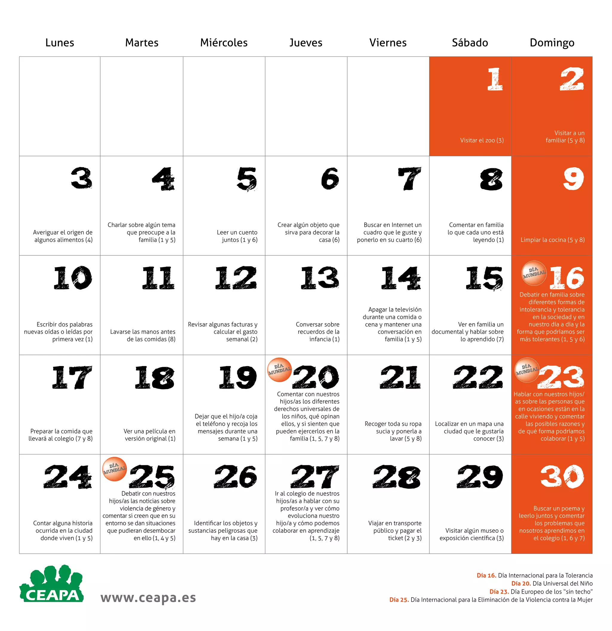 Lunes

Martes

Miércoles

Jueves

Viernes

Sábado

Domingo

1

2

Visitar el zoo (3)

Visitar a un
familiar (5 y 8)

3

4

5

6

7

8

9

Averiguar el origen de
algunos alimentos (4)

Charlar sobre algún tema
que preocupe a la
familia (1 y 5)

Leer un cuento
juntos (1 y 6)

Crear algún objeto que
sirva para decorar la
casa (6)

Buscar en Internet un
cuadro que le guste y
ponerlo en su cuarto (6)

Comentar en familia
lo que cada uno está
leyendo (1)

Limpiar la cocina (5 y 8)

10

11

12

13

14

15

Conversar sobre
recuerdos de la
infancia (1)

Apagar la televisión
durante una comida o
cena y mantener una
conversación en
familia (1 y 5)

Ver en familia un
documental y hablar sobre
lo aprendido (7)

20

Escribir dos palabras
nuevas oídas o leídas por
primera vez (1)

Lavarse las manos antes
de las comidas (8)

Revisar algunas facturas y
calcular el gasto
semanal (2)

17

18

19

Ver una película en
versión original (1)

Dejar que el hijo/a coja
el teléfono y recoja los
mensajes durante una
semana (1 y 5)

25

26

Preparar la comida que
llevará al colegio (7 y 8)

24
Contar alguna historia
ocurrida en la ciudad
donde viven (1 y 5)

DÍA L
DIA
MUN

Debatir con nuestros
hijos/as las noticias sobre
violencia de género y
comentar si creen que en su
entorno se dan situaciones
que pudieran desembocar
en ello (1, 4 y 5)

Identificar los objetos y
sustancias peligrosas que
hay en la casa (3)

www.ceapa.es

DÍA L
DIA
MUN

16

Debatir en familia sobre
diferentes formas de
intolerancia y tolerancia
en la sociedad y en
nuestro día a día y la
forma que podríamos ser
más tolerantes (1, 5 y 6)

Comentar con nuestros
hijos/as los diferentes
derechos universales de
los niños, qué opinan
ellos, y si sienten que
pueden ejercerlos en la
familia (1, 5, 7 y 8)

21

22

Recoger toda su ropa
sucia y ponerla a
lavar (5 y 8)

Localizar en un mapa una
ciudad que le gustaría
conocer (3)

Hablar con nuestros hijos/
as sobre las personas que
en ocasiones están en la
calle viviendo y comentar
las posibles razones y
de qué forma podríamos
colaborar (1 y 5)

27

28

29

30

Visitar algún museo o
exposición científica (3)

Buscar un poema y
leerlo juntos y comentar
los problemas que
nosotros aprendimos en
el colegio (1, 6 y 7)

DÍA L
DIA
MUN

Ir al colegio de nuestros
hijos/as a hablar con su
profesor/a y ver cómo
evoluciona nuestro
hijo/a y cómo podemos
colaborar en aprendizaje
(1, 5, 7 y 8)

Viajar en transporte
público y pagar el
ticket (2 y 3)

23

DÍA L
DIA
MUN

Día 16. Día Internacional para la Tolerancia
Día 20. Día Universal del Niño
Día 23. Día Europeo de los “sin techo”
Día 25. Día Internacional para la Eliminación de la Violencia contra la Mujer

 