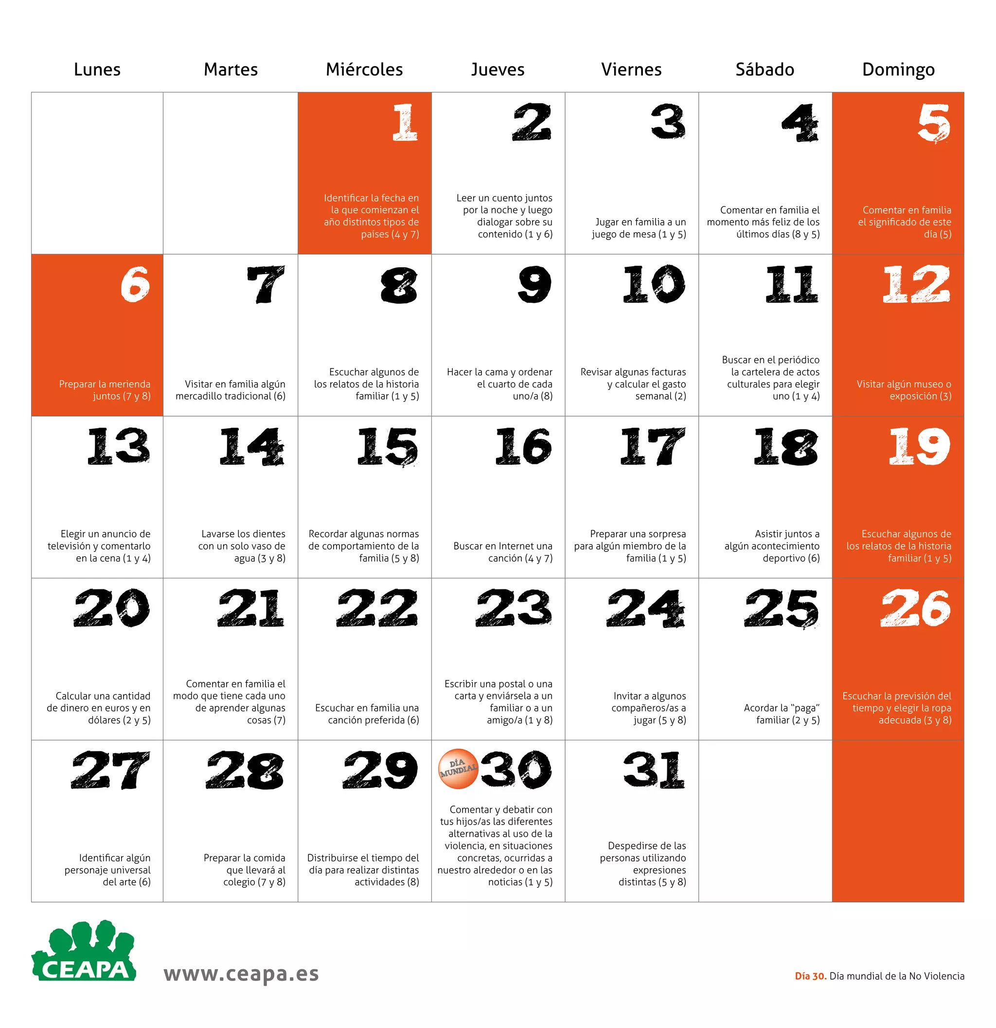 Lunes

Martes

Miércoles

Jueves

Viernes

Sábado

Domingo

1

2

3

4

5

Identificar la fecha en
la que comienzan el
año distintos tipos de
países (4 y 7)

Leer un cuento juntos
por la noche y luego
dialogar sobre su
contenido (1 y 6)

Jugar en familia a un
juego de mesa (1 y 5)

Comentar en familia el
momento más feliz de los
últimos días (8 y 5)

Comentar en familia
el significado de este
día (5)

7

8

9

10

11

12

Preparar la merienda
juntos (7 y 8)

Visitar en familia algún
mercadillo tradicional (6)

Escuchar algunos de
los relatos de la historia
familiar (1 y 5)

Hacer la cama y ordenar
el cuarto de cada
uno/a (8)

Revisar algunas facturas
y calcular el gasto
semanal (2)

Buscar en el periódico
la cartelera de actos
culturales para elegir
uno (1 y 4)

Visitar algún museo o
exposición (3)

13

14

15

16

17

18

19

Elegir un anuncio de
televisión y comentarlo
en la cena (1 y 4)

Lavarse los dientes
con un solo vaso de
agua (3 y 8)

Recordar algunas normas
de comportamiento de la
familia (5 y 8)

Buscar en Internet una
canción (4 y 7)

Preparar una sorpresa
para algún miembro de la
familia (1 y 5)

Asistir juntos a
algún acontecimiento
deportivo (6)

Escuchar algunos de
los relatos de la historia
familiar (1 y 5)

20

21

22

23

24

25

26

Calcular una cantidad
de dinero en euros y en
dólares (2 y 5)

Comentar en familia el
modo que tiene cada uno
de aprender algunas
cosas (7)

Escuchar en familia una
canción preferida (6)

Escribir una postal o una
carta y enviársela a un
familiar o a un
amigo/a (1 y 8)

Invitar a algunos
compañeros/as a
jugar (5 y 8)

Acordar la “paga”
familiar (2 y 5)

Escuchar la previsión del
tiempo y elegir la ropa
adecuada (3 y 8)

27

28

29

30

31

Comentar y debatir con
tus hijos/as las diferentes
alternativas al uso de la
violencia, en situaciones
concretas, ocurridas a
nuestro alrededor o en las
noticias (1 y 5)

Despedirse de las
personas utilizando
expresiones
distintas (5 y 8)

6

Identificar algún
personaje universal
del arte (6)

Preparar la comida
que llevará al
colegio (7 y 8)

Distribuirse el tiempo del
día para realizar distintas
actividades (8)

www.ceapa.es

DÍA L
DIA
MUN

Día 30. Día mundial de la No Violencia

 