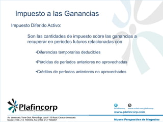 Impuesto a las GananciasConceptos claves:Resultado contable,Ganancia o (pérdida) fiscal,Gasto (ingreso) total por el impuesto sobre la ganancia,	Impuesto corriente a pagar o (recuperar) del ejercicio,	Pasivos por impuestos diferidos,		Diferencias temporarias Imponibles,	Activos por impuestos diferidos,		Diferencias temporarias Deducibles, 	Compensación de pérdidas o créditos no aprovechados de a/a