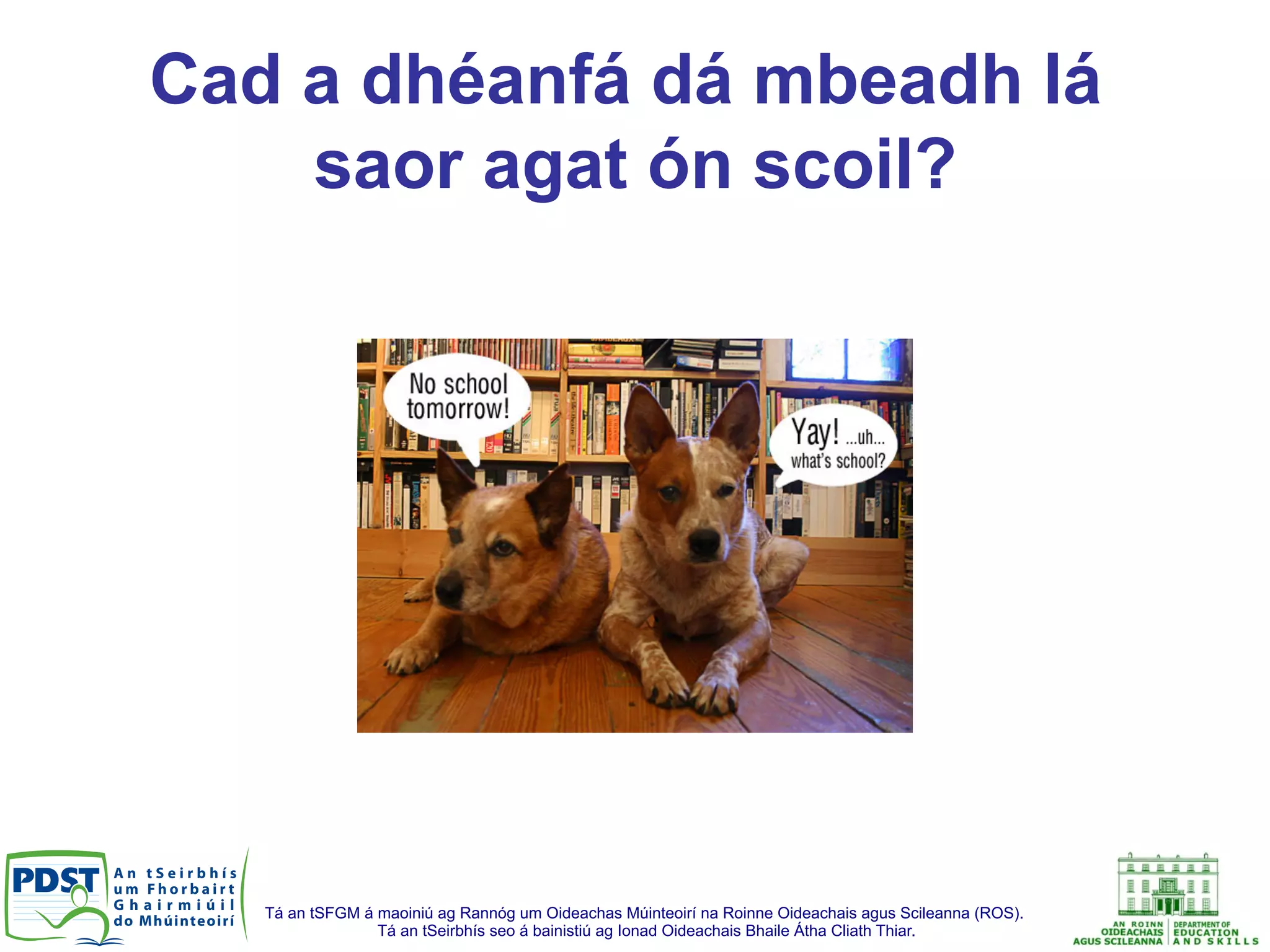 Tá an tSFGM á maoiniú ag Rannóg um Oideachas Múinteoirí na Roinne Oideachais agus Scileanna (ROS).
Tá an tSeirbhís seo á bainistiú ag Ionad Oideachais Bhaile Átha Cliath Thiar.
Cad a dhéanfá dá mbeadh lá
saor agat ón scoil?
 