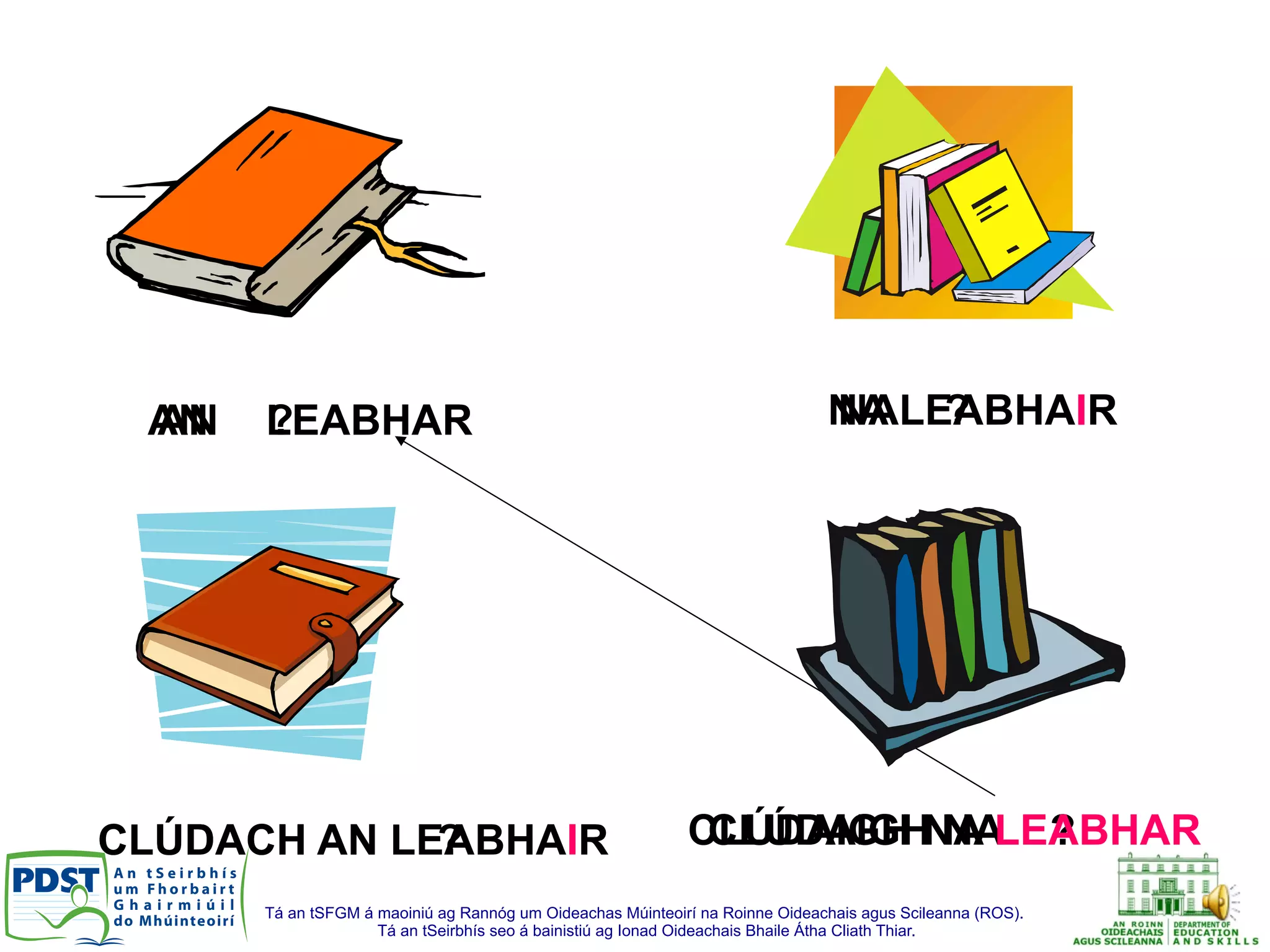Tá an tSFGM á maoiniú ag Rannóg um Oideachas Múinteoirí na Roinne Oideachais agus Scileanna (ROS).
Tá an tSeirbhís seo á bainistiú ag Ionad Oideachais Bhaile Átha Cliath Thiar.
AN ?AN LEABHAR NA ?NA LEABHAIR
CLÚDACH AN ?CLÚDACH AN LEABHAIR CLÚDAIGH NA ?CLÚDAIGH NA LEABHAR
 