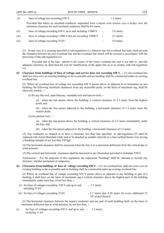 [भाग III—खण्‍
ड 4] भारत‍का‍राजपत्र‍:‍असाधारण 125
(i) lines of voltage not exceeding 650 V - 1.2 metre:
Provided that where an insulated conductor suspended from a bearer wire crosses over a trolley wire the
minimum clearance for such insulated conductor shall be 0.6 metre.
(ii) lines of voltage exceeding 650 V up to and including 11000 V - 1.8 metre;
(iii) lines of voltage exceeding 11000 V but not exceeding 33000 V - 2.5 metre;
(iv) lines of voltage exceeding 33 kV - 3.0 metre.
(2) In any case of a crossing specified in sub-regulation (1), whoever lays his overhead line later, shall provide
the clearance between his own overhead line and the overhead line which will be crossed in accordance with the
provisions of the sub-regulation (1):
Provided that if the later entrant is the owner of the lower overhead line and is not able to provide
adequate clearance, he shall bear the cost for modification of the upper line so as to comply with sub-regulation
(1).
62. Clearance from buildings of lines of voltage and service lines not exceeding 650 V. – (1) An overhead line
shall not cross over an existing building as far as possible and no building shall be constructed under an existing
overhead line.
(2) Where an overhead line of voltage not exceeding 650 V passes above or adjacent to or terminates on any
building, the following minimum clearances from any accessible point, on the basis of maximum sag, shall be
observed, namely: –
(i) for any flat roof, open balcony, varandah roof and lean-to-roof, –
(a) when the line passes above the building, a vertical clearance of 2.5 metre from the highest
point; and
(b) when the line passes adjacent to the building, a horizontal clearance of 1.2 metre from the
nearest point;
(ii) for pitched roof, –
(a) when the line passes above the building, a vertical clearance of 2.5 metre immediately under
the line; and
(b) when the line passes adjacent to the building, a horizontal clearance of 1.2 metre.
(3) Any conductor so situated as to have a clearance less than that specified in sub-regulation (2) shall be
replaced with Aerial Bunched Cable and to be attached at suitable intervals to a bare earthed bearer wire having
a breaking strength of not less than 350 kgf.
(4) The horizontal clearance shall be measured when the line is at a maximum deflection from the vertical due to
wind pressure.
(5) The vertical and horizontal clearances shall be measured as per illustration provided in Schedule VIII C.
Explanation. – For the purposes of this regulation, the expression “building” shall be deemed to include any
structure, whether permanent or temporary.
63. Clearances from buildings of lines of voltage exceeding 650 V. – (1) An overhead line shall not cross over an
existing building as far as possible and no building shall be constructed under an existing overhead line.
(2) Where an overhead line of voltage exceeding 650 V passes above or adjacent to any building or part of a
building it shall have on the basis of maximum sag a vertical clearance above the highest part of the building
immediately under such line, of not less than, –
(i) for lines of voltages exceeding 650 V and up to and
including 33 kV
- 3.7 metre;
(ii) for lines of voltages exceeding 33 kV - 3.7 metre plus 0.30 metre for every additional 33
kV or part thereof.
(3) The horizontal clearance between the nearest conductor and any part of such building shall, on the basis of
maximum deflection due to wind pressure, be not less than, –
(i) for lines of voltages exceeding 650 V and up to and
including 11 kV
- 1.2 metre;
 