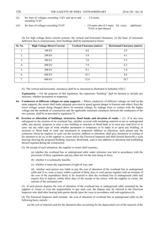126 THE GAZETTE OF INDIA : EXTRAORDINARY [PART III—SEC.4]
(ii) for lines of voltages exceeding 11kV and up to and
including 33 kV
- 2.0 metre;
(iii) for lines of voltages exceeding 33 kV - 2.0 metre plus 0.3 metre for every additional
33 kV or part thereof.
(4) For high voltage direct current systems, the vertical and horizontal clearances, on the basis of maximum
deflection due to wind pressure, from buildings shall be maintained as below:
Sl. No. High Voltage Direct Current Vertical Clearance (metre) Horizontal Clearance (metre)
1. 100 kV 4.6 2.9
2. 200 kV 5.8 4.1
3. 300 kV 7.0 5.3
4. 400 kV 7.9 6.2
5. 500 kV 9.1 7.4
6. 600 kV 10.3 8.6
7. 800 kV 12.4 10.7
(5) The vertical and horizontal clearances shall be as measured as illustrated in Schedule VIII C.
Explanation. – For the purposes of this regulation, the expression “building” shall be deemed to include any
structure, whether permanent or temporary.
64. Conductors at different voltages on same supports. – Where conductors of different voltages are laid on the
same supports, the owner shall make adequate provision to guard against danger to linemen and others, from the
lower voltage system being charged above its nominal voltage, by leakage from or contact with the higher
voltage and the methods of construction and the applicable minimum clearances between the conductors of the
two systems shall be as provided in regulation 71.
65. Erection or alteration of buildings, structures, flood banks and elevation of roads. – (1) If at any time
subsequent to the erection of an overhead line, whether covered with insulating material or not or underground
cable, any person proposes to erect a new building or structure or flood bank or to raise any road level or to
carry out any other type of work whether permanent or temporary or to make in or upon any building, or
structure or flood bank or road, any permanent or temporary addition or alteration, such person and the
contractor whom he employs to carry out the erection, addition or alteration, shall give intimation in writing of
his intention to do so, to the supplier or owner and to the Electrical Inspector and shall furnish therewith a scale
drawing showing the proposed building, structure, flood bank, road or any addition or alteration and scaffolding
thereof required during the construction.
(2) On receipt of such intimation, the supplier or owner shall examine,-
(a) whether the overhead line or underground cable under reference was laid in accordance with the
provisions of these regulations and any other law for the time being in force;
(b) whether it is technically feasible;
(c) whether it meets the requirement of right of way; and
(d) whether such person was liable to pay the cost of alteration of the overhead line or underground
cable and if so, issue a notice within a period of thirty days to such person together with an estimate of
the cost of the expenditure likely to be incurred to alter the overhead line or underground cable and
require him to deposit, within thirty days of the receipt of the notice, with the supplier or owner, the
amount of the estimated cost.
(3) If such person disputes the cost of alteration of the overhead line or underground cable estimated by the
supplier or owner or even the responsibility to pay such cost, the dispute may be referred to the Electrical
Inspector who shall after hearing both parties decide upon the issue in accordance with sub-regulation (4).
(4) The Electrical Inspector shall estimate the cost of alteration of overhead line or underground cable on the
following basis, namely: –
(a) the cost of material used for the alteration after accounting for the depreciated cost of the material of the
 