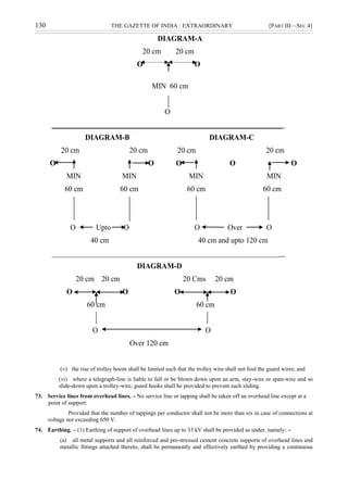 130 THE GAZETTE OF INDIA : EXTRAORDINARY [PART III—SEC.4]
DIAGRAM-A
20 cm 20 cm
O O
MIN 60 cm
O
______________________________________________________________
DIAGRAM-B DIAGRAM-C
20 cm 20 cm 20 cm 20 cm
O O O O O
MIN MIN MIN MIN
60 cm 60 cm 60 cm 60 cm
O Upto O O Over O
40 cm 40 cm and upto 120 cm
_____________________________________________________________
DIAGRAM-D
20 cm 20 cm 20 Cms 20 cm
O O O O
60 cm 60 cm
O O
Over 120 cm
(v) the rise of trolley boom shall be limited such that the trolley wire shall not foul the guard wires; and
(vi) where a telegraph-line is liable to fall or be blown down upon an arm, stay-wire or span-wire and so
slide-down upon a trolley-wire, guard hooks shall be provided to prevent such sliding.
73. Service lines from overhead lines. – No service line or tapping shall be taken off an overhead line except at a
point of support:
Provided that the number of tappings per conductor shall not be more than six in case of connections at
voltage not exceeding 650 V.
74. Earthing. – (1) Earthing of support of overhead lines up to 33 kV shall be provided as under, namely: –
(a) all metal supports and all reinforced and pre-stressed cement concrete supports of overhead lines and
metallic fittings attached thereto, shall be permanently and effectively earthed by providing a continuous
 