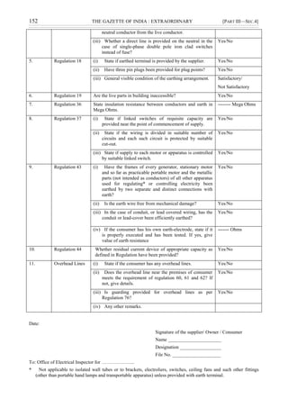 152 THE GAZETTE OF INDIA : EXTRAORDINARY [PART III—SEC.4]
neutral conductor from the live conductor.
(iii) Whether a direct line is provided on the neutral in the
case of single-phase double pole iron clad switches
instead of fuse?
Yes/No
5. Regulation 18 (i) State if earthed terminal is provided by the supplier. Yes/No
(ii) Have three pin plugs been provided for plug points? Yes/No
(iii) General visible condition of the earthing arrangement. Satisfactory/
Not Satisfactory
6. Regulation 19 Are the live parts in building inaccessible? Yes/No
7. Regulation 36 State insulation resistance between conductors and earth in
Mega Ohms.
-------- Mega Ohms
8. Regulation 37 (i) State if linked switches of requisite capacity are
provided near the point of commencement of supply.
Yes/No
(ii) State if the wiring is divided in suitable number of
circuits and each such circuit is protected by suitable
cut-out.
Yes/No
(iii) State if supply to each motor or apparatus is controlled
by suitable linked switch.
Yes/No
9. Regulation 43 (i) Have the frames of every generator, stationary motor
and so far as practicable portable motor and the metallic
parts (not intended as conductors) of all other apparatus
used for regulating* or controlling electricity been
earthed by two separate and distinct connections with
earth?
Yes/No
(ii) Is the earth wire free from mechanical damage? Yes/No
(iii) In the case of conduit, or lead covered wiring, has the
conduit or lead-cover been efficiently earthed?
Yes/No
(iv) If the consumer has his own earth-electrode, state if it
is properly executed and has been tested. If yes, give
value of earth resistance
------- Ohms
10. Regulation 44 Whether residual current device of appropriate capacity as
defined in Regulation have been provided?
Yes/No
11. Overhead Lines (i) State if the consumer has any overhead lines. Yes/No
(ii) Does the overhead line near the premises of consumer
meets the requirement of regulation 60, 61 and 62? If
not, give details.
Yes/No
(iii) Is guarding provided for overhead lines as per
Regulation 76?
Yes/No
(iv) Any other remarks.
Date:
Signature of the supplier/ Owner / Consumer
Name ______________________
Designation _________________
File No. ____________________
To: Office of Electrical Inspector for ………………...
* Not applicable to isolated wall tubes or to brackets, electroliers, switches, ceiling fans and such other fittings
(other than portable hand lamps and transportable apparatus) unless provided with earth terminal.
 