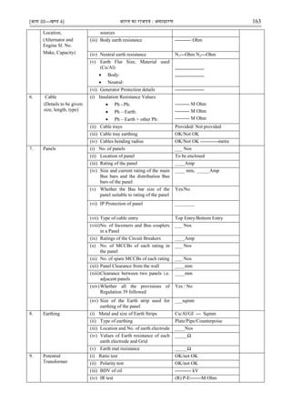 [भाग III—खण्‍
ड 4] भारत‍का‍राजपत्र‍:‍असाधारण 163
Location,
(Alternator and
Engine Sl. No.
Make, Capacity)
sources
(iii) Body earth resistance ---------- Ohm
(iv) Neutral earth resistance N1---Ohm N2---Ohm
(v) Earth Flat Size, Material used
(Cu/Al)
 Body:
 Neutral:
------------------
------------------
(vi) Generator Protection details ------------------
6. Cable
(Details to be given:
size, length, type)
(i) Insulation Resistance Values:
 Ph - Ph:
 Ph – Earth:
 Ph – Earth + other Ph:
--------- M Ohm
--------- M Ohm
--------- M Ohm
(ii) Cable trays Provided/ Not provided
(iii) Cable tray earthing OK/Not OK
(iv) Cables bending radius OK/Not OK -----------metre
7. Panels (i) No. of panels ___ Nos
(ii) Location of panel To be enclosed
(iii) Rating of the panel ____Amp
(iv) Size and current rating of the main
Bus bars and the distribution Bus
bars of the panel
____ mm, _____Amp
(v) Whether the Bus bar size of the
panel suitable to rating of the panel
Yes/No
(vi) IP Protection of panel ________
(vii) Type of cable entry Top Entry/Bottom Entry
(viii)No. of Incomers and Bus couplers
in a Panel
___ Nos
(ix) Ratings of the Circuit Breakers ____Amp
(x) No. of MCCBs of each rating in
the panel
___ Nos
(xi) No. of spare MCCBs of each rating ___ Nos
(xii) Panel Clearance from the wall ____mm
(xiii)Clearance between two panels i.e.
adjacent panels
____mm
(xiv)Whether all the provisions of
Regulation 39 followed
Yes / No
(xv) Size of the Earth strip used for
earthing of the panel
___sqmm
8. Earthing (i) Metal and size of Earth Strips Cu/Al/GI --- Sqmm
(ii) Type of earthing Plate/Pipe/Counterpoise
(iii) Location and No. of earth electrode ____Nos
(iv) Values of Earth resistance of each
earth electrode and Grid
_____Ω
(v) Earth mat resistance _____Ω
9. Potential
Transformer
(i) Ratio test OK/not OK
(ii) Polarity test OK/not OK
(iii) BDV of oil ---------- kV
(iv) IR test (R) P-E-------M Ohm
 