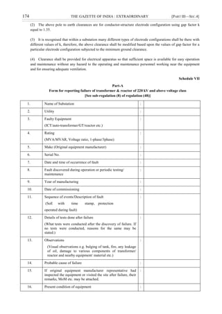 174 THE GAZETTE OF INDIA : EXTRAORDINARY [PART III—SEC.4]
(2) The above pole to earth clearances are for conductor-structure electrode configuration using gap factor k
equal to 1.35.
(3) It is recognised that within a substation many different types of electrode configurations shall be there with
different values of k, therefore, the above clearance shall be modified based upon the values of gap factor for a
particular electrode configuration subjected to the minimum ground clearance.
(4) Clearance shall be provided for electrical apparatus so that sufficient space is available for easy operation
and maintenance without any hazard to the operating and maintenance personnel working near the equipment
and for ensuring adequate ventilation.
Schedule VII
Part-A
Form for reporting failure of transformer & reactor of 220 kV and above voltage class
[See sub-regulation (8) of regulation (48)]
1. Name of Substation :
2. Utility :
3. Faulty Equipment
(ICT/auto-transformer/GT/reactor etc.)
:
4. Rating
(MVA/MVAR, Voltage ratio, 1-phase/3phase)
:
5. Make (Original equipment manufacturer) :
6. Serial No. :
7. Date and time of occurrence of fault :
8. Fault discovered during operation or periodic testing/
maintenance
:
9. Year of manufacturing :
10. Date of commissioning :
11. Sequence of events/Description of fault
(SoE with time stamp, protection
operated during fault)
:
12. Details of tests done after failure
(What tests were conducted after the discovery of failure. If
no tests were conducted, reasons for the same may be
stated.)
:
13. Observations
(Visual observations e.g. bulging of tank, fire, any leakage
of oil, damage to various components of transformer/
reactor and nearby equipment/ material etc.)
:
14. Probable cause of failure :
15. If original equipment manufacturer representative had
inspected the equipment or visited the site after failure, their
remarks, MoM etc. may be attached.
:
16. Present condition of equipment :
 