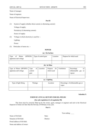 [भाग III—खण्‍
ड 4] भारत‍का‍राजपत्र‍:‍असाधारण 181
Name of manager:
Name of engineer:
Name of Electrical Supervisor:
Part B
(1) System of supply (whether direct current or alternating current):
Voltage of supply:
Periodicity (if alternating current):
Source of supply:
(2) Voltage at which electricity is used for: -
Lighting:
Power:
(3) Particulars of motor etc.: -
POWER
(a) On Surface
Type of Motor (HP/KW)/
apparatus and voltage
Type of control gear Location Purpose for which used
(b) In Mine
Type of Motor (HP/KW)/
apparatus and voltage
Type of
control
gear
Location Purpose for
which used
Ventilation Percentage of
inflammable gas or
vapour
(c) Lighting
Type of light fitting Wattage Location Percentage of inflammable gas or
vapor
Schedule X
FORM OF ANNUAL RETURN FOR OIL-FIELDS
[See sub-regulation (1) of regulation 98]
This form must be correctly filled up by the owner, agent, manager or engineer and sent to the Electrical
Inspector of mines not later than the first day of February every year.
Part A
Year ending: ____
Name of Oil-field: State:
Situation of Oil-field: District:
Postal address of Oil-field:
Name and address of owner:
 