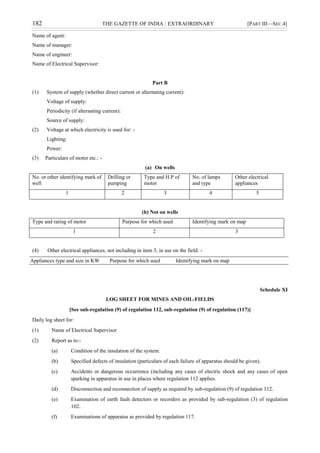 182 THE GAZETTE OF INDIA : EXTRAORDINARY [PART III—SEC.4]
Name of agent:
Name of manager:
Name of engineer:
Name of Electrical Supervisor:
Part B
(1) System of supply (whether direct current or alternating current):
Voltage of supply:
Periodicity (if alternating current):
Source of supply:
(2) Voltage at which electricity is used for: -
Lighting:
Power:
(3) Particulars of motor etc.: -
(a) On wells
No. or other identifying mark of
well
Drilling or
pumping
Type and H.P of
motor
No. of lamps
and type
Other electrical
appliances
1 2 3 4 5
(b) Not on wells
Type and rating of motor Purpose for which used Identifying mark on map
1 2 3
(4) Other electrical appliances, not including in item 3, in use on the field: -
Appliances type and size in KW Purpose for which used Identifying mark on map
Schedule XI
LOG SHEET FOR MINES AND OIL-FIELDS
[See sub-regulation (9) of regulation 112, sub-regulation (9) of regulation (117)]
Daily log sheet for:
(1) Name of Electrical Supervisor
(2) Report as to:-
(a) Condition of the insulation of the system.
(b) Specified defects of insulation (particulars of each failure of apparatus should be given).
(c) Accidents or dangerous occurrence (including any cases of electric shock and any cases of open
sparking in apparatus in use in places where regulation 112 applies.
(d) Disconnection and reconnection of supply as required by sub-regulation (9) of regulation 112.
(e) Examination of earth fault detectors or recorders as provided by sub-regulation (3) of regulation
102.
(f) Examinations of apparatus as provided by regulation 117.
 