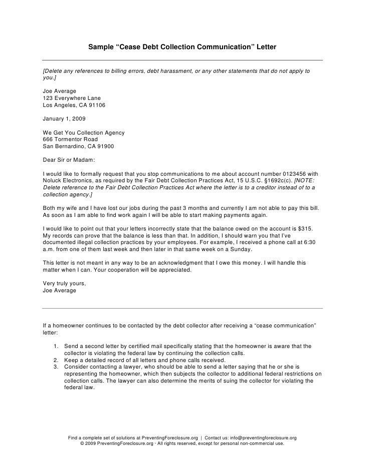 cease communications letter letter to creditors unable to pay