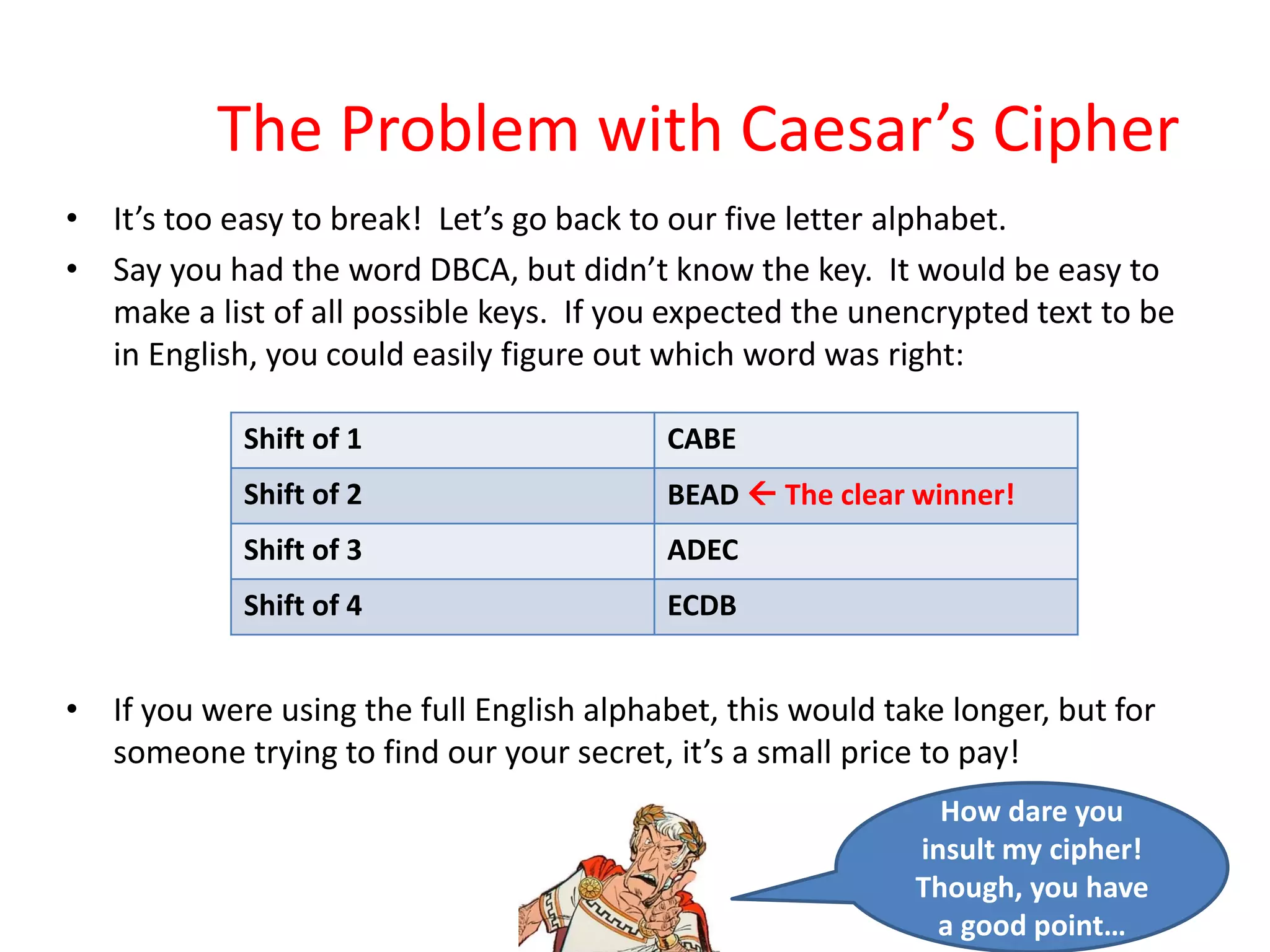The Problem with Caesar’s Cipher
• It’s too easy to break! Let’s go back to our five letter alphabet.
• Say you had the word DBCA, but didn’t know the key. It would be easy to
make a list of all possible keys. If you expected the unencrypted text to be
in English, you could easily figure out which word was right:
• If you were using the full English alphabet, this would take longer, but for
someone trying to find our your secret, it’s a small price to pay!
Shift of 1 CABE
Shift of 2 BEAD  The clear winner!
Shift of 3 ADEC
Shift of 4 ECDB
How dare you
insult my cipher!
Though, you have
a good point…
 